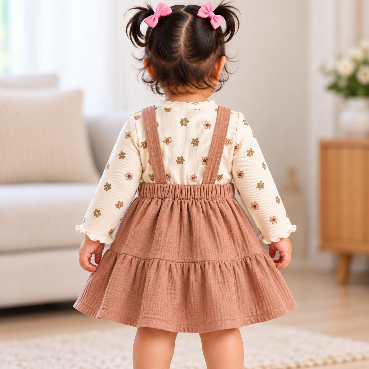 Back view of toddler wearing mauve pinafore dress set