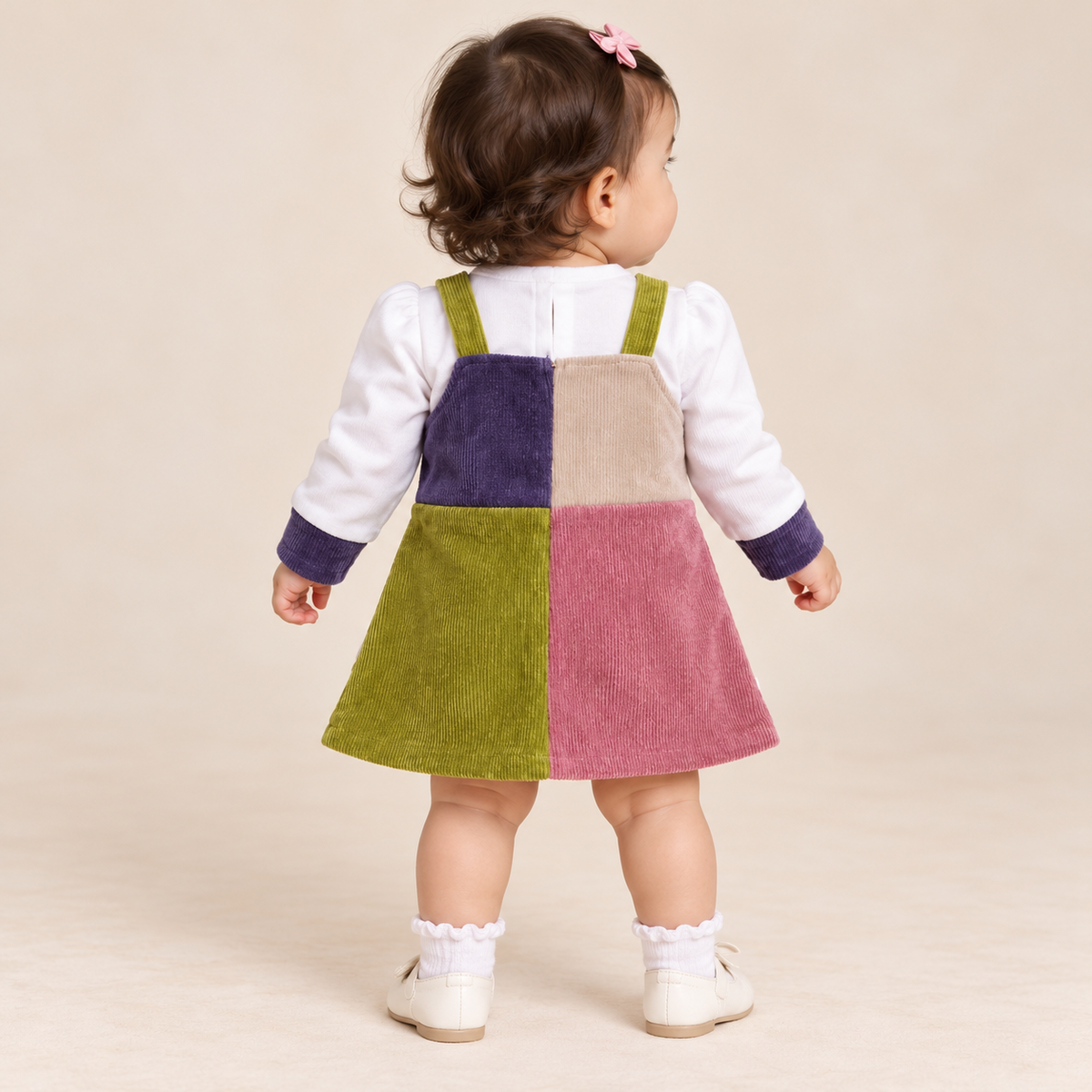 Back view of SMILE BABY multicolour patchwork pinafore dress
