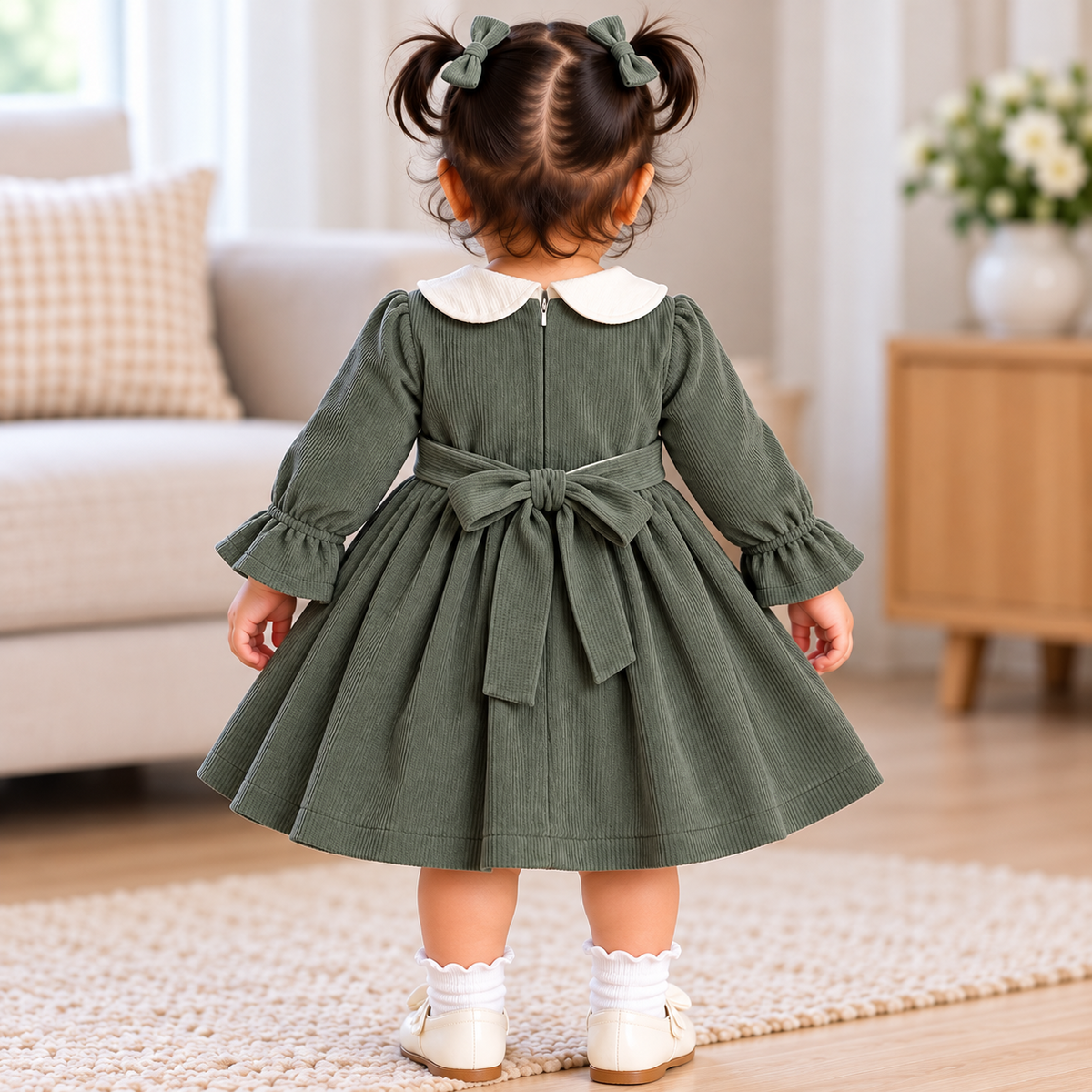 Toddler wearing ORRIGANY olive green corduroy dress