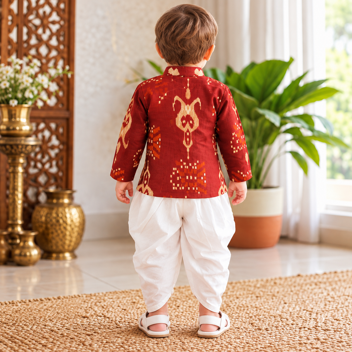 Back view of boys rust red Indo Western kurta dhoti set