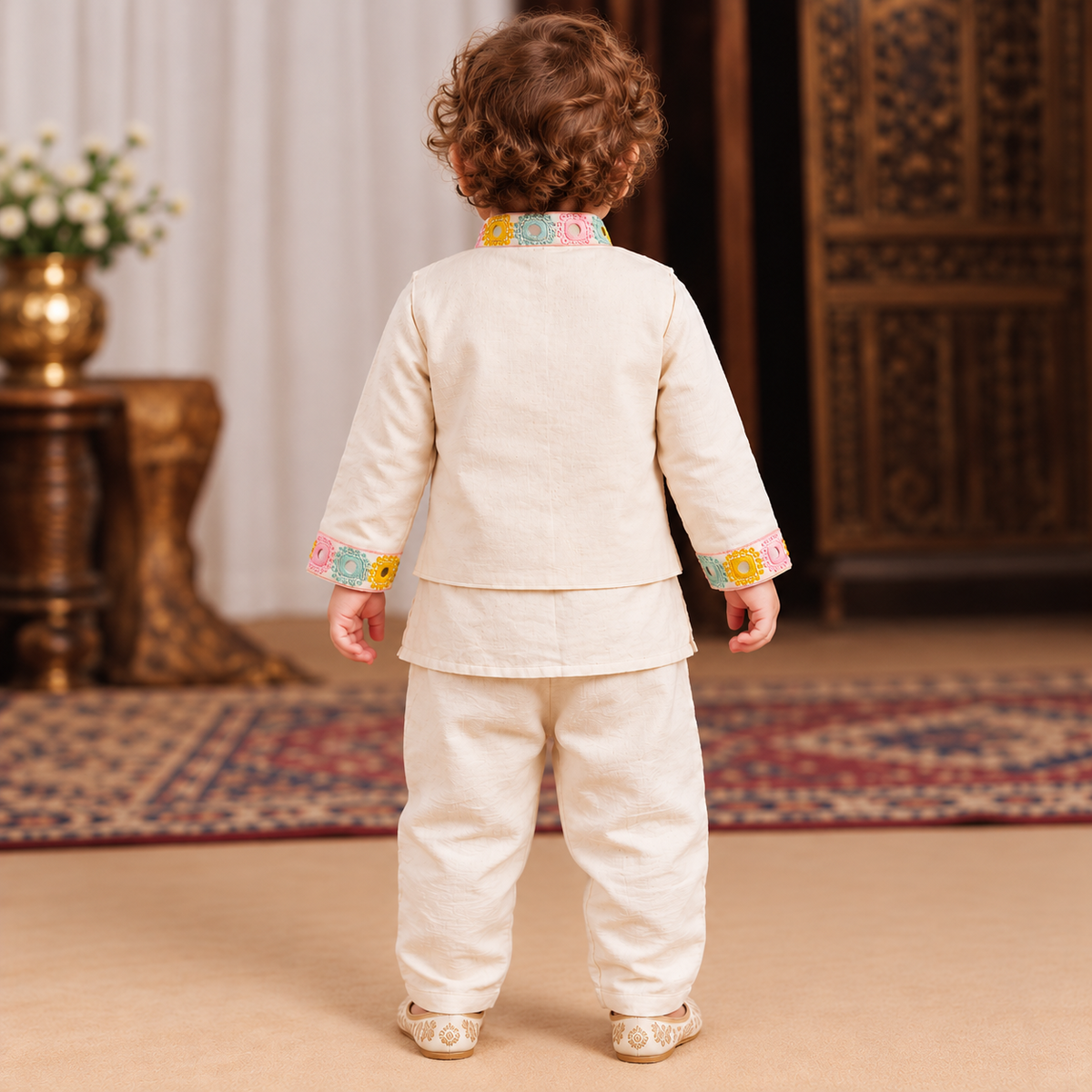 SMILE BABY boys fawn cream Indo Western set back view