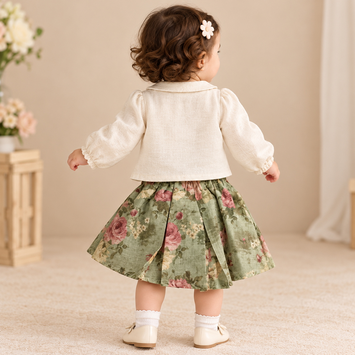 SMILE BABY vintage floral girl set back view