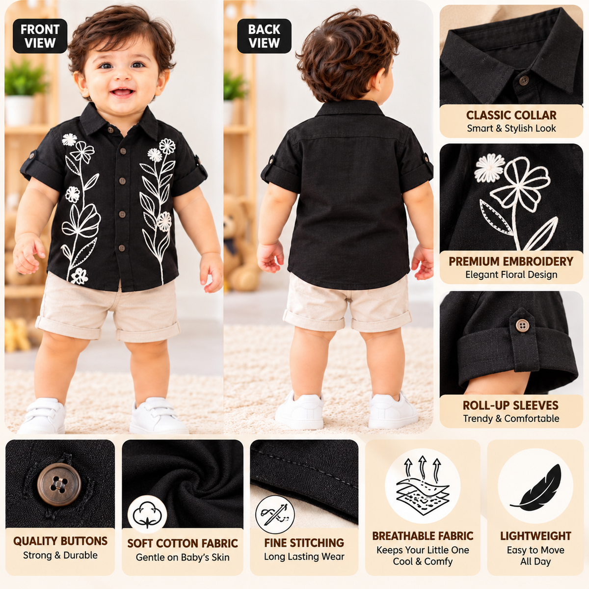 GUSTO black floral embroidered baby boys shirt product feature infographic
