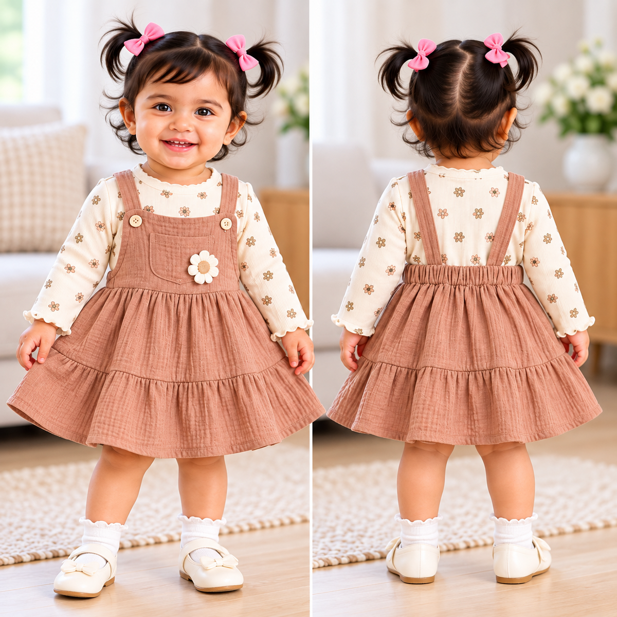 Toddler wearing ORRIGANY mauve tiered pinafore dress and floral top