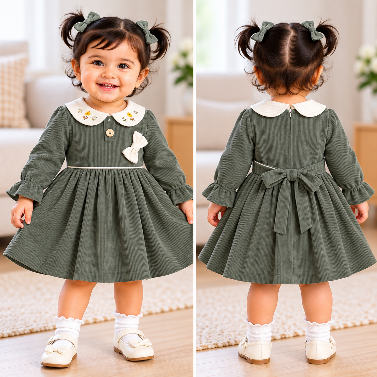 Front and back views of ORRIGANY olive green corduroy girls dress