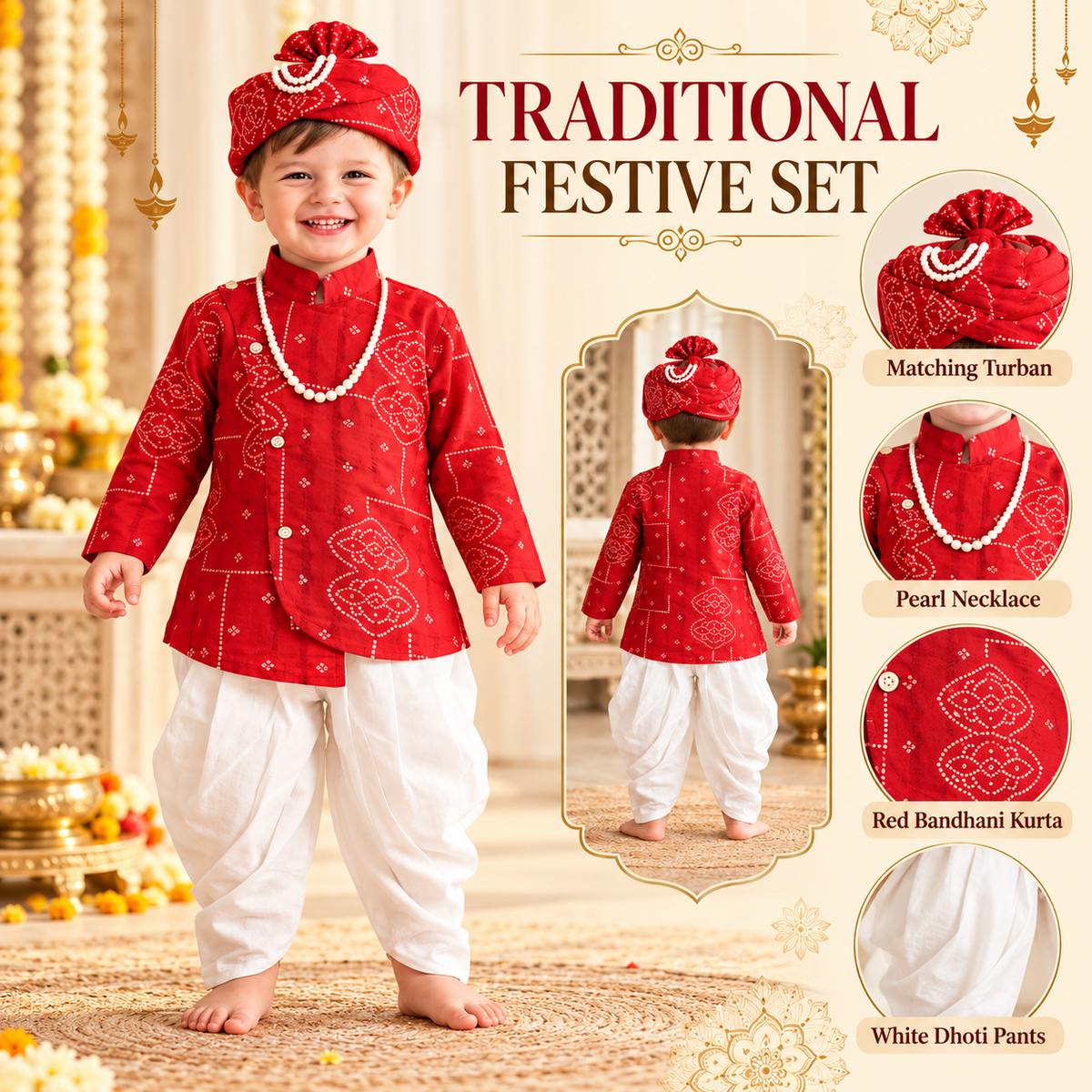 Smile Baby traditional festive set for baby boys featuring red Bandhani kurta, white dhoti pants, matching turban and pearl necklace
