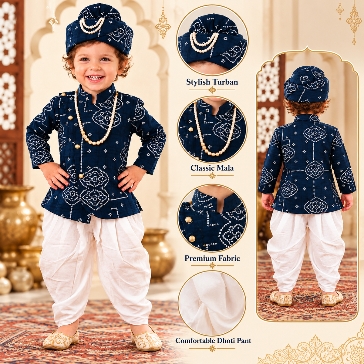 SMILE BABY navy blue Bandhani Indo-Western dhoti set product infographic