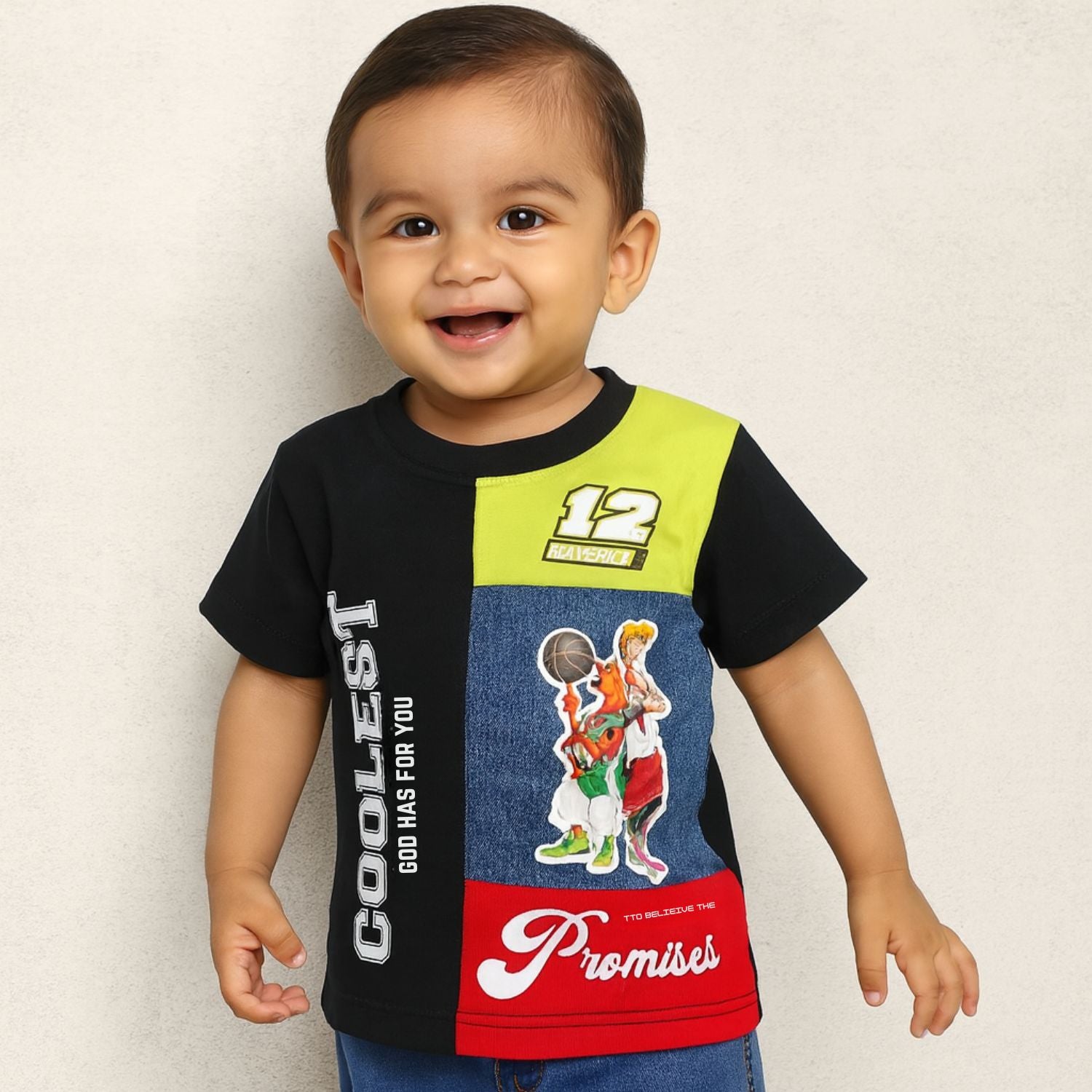 COOLEST Kids Basketball Graphic T-Shirt – Neon Green & Red | Age 12 Months – 4 Years