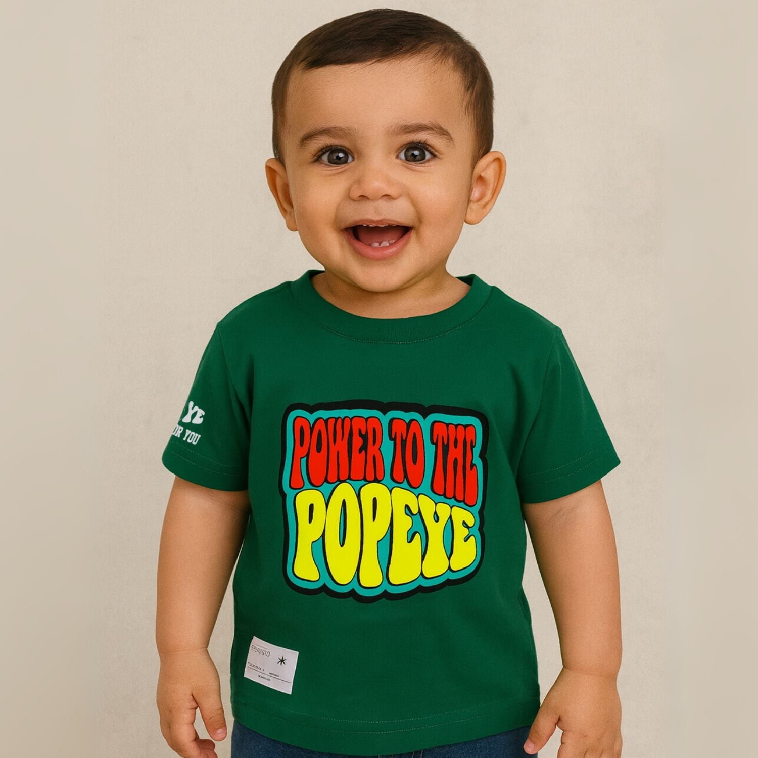 COOLEST Popeye Printed T-Shirt for Boys | Age 12 Months – 4 Years | Bottle Green & Neon Green