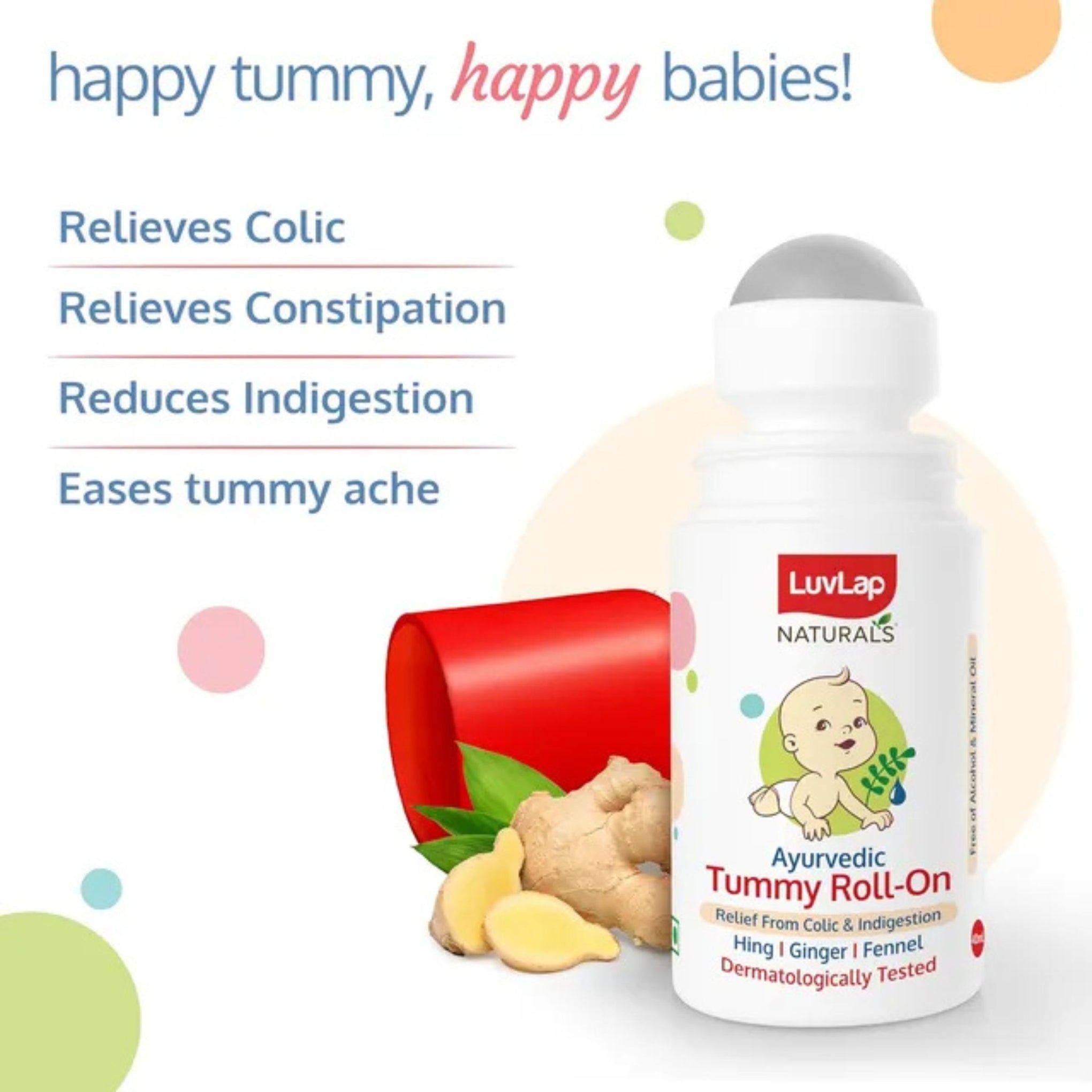 Luvlap Naturals Baby Tummy Roll On Oil for Colic & Gas Relief, Relieves Constipation & Indigestion with Hing, Ginger & Fennel (Saunf), Alcohol Free, 40ml