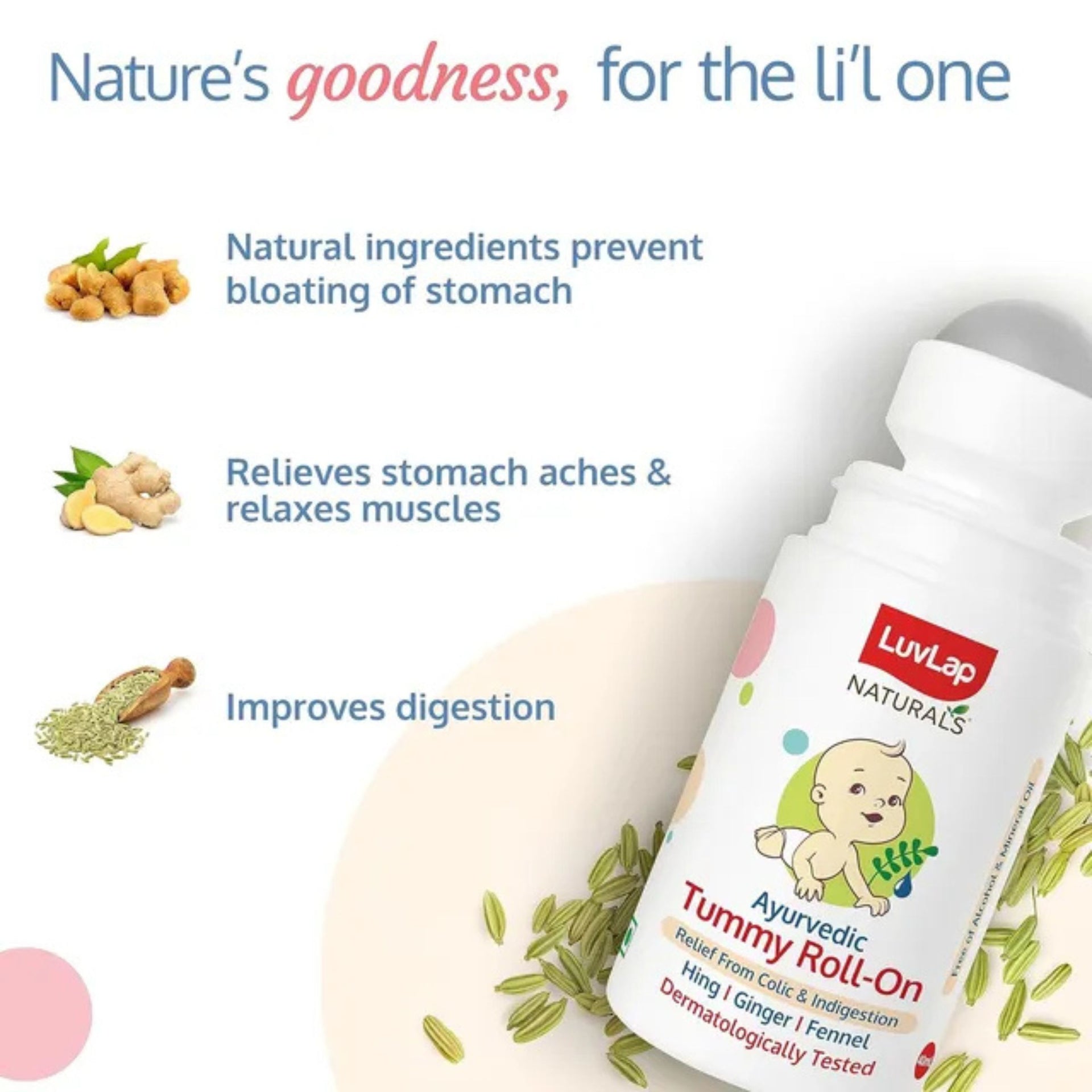 Luvlap Naturals Baby Tummy Roll On Oil for Colic & Gas Relief, Relieves Constipation & Indigestion with Hing, Ginger & Fennel (Saunf), Alcohol Free, 40ml