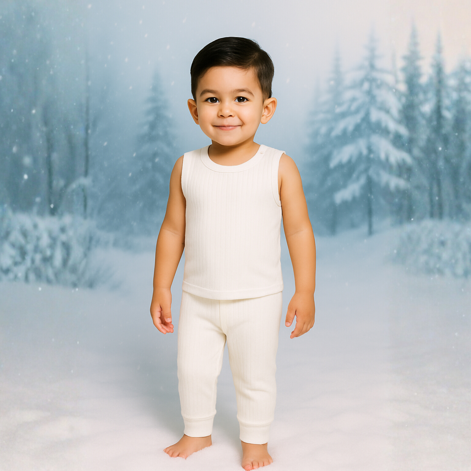 Smile Baby Kids Sleeveless Thermal Top & Legging Set – Soft & Warm Winter Innerwear for Boys & Girls (White, 0–6 Years)