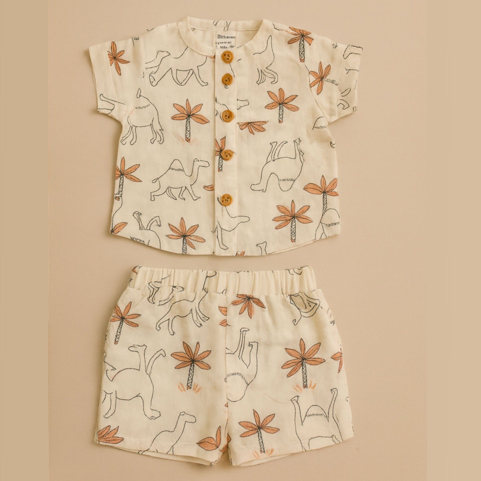 TOFFY HOUSE Muslin Co-ord Set for Kids – Camel & Palm Tree Print | Ultra-Soft Shirt & Shorts | Unisex | 0 – 9 MONTHS