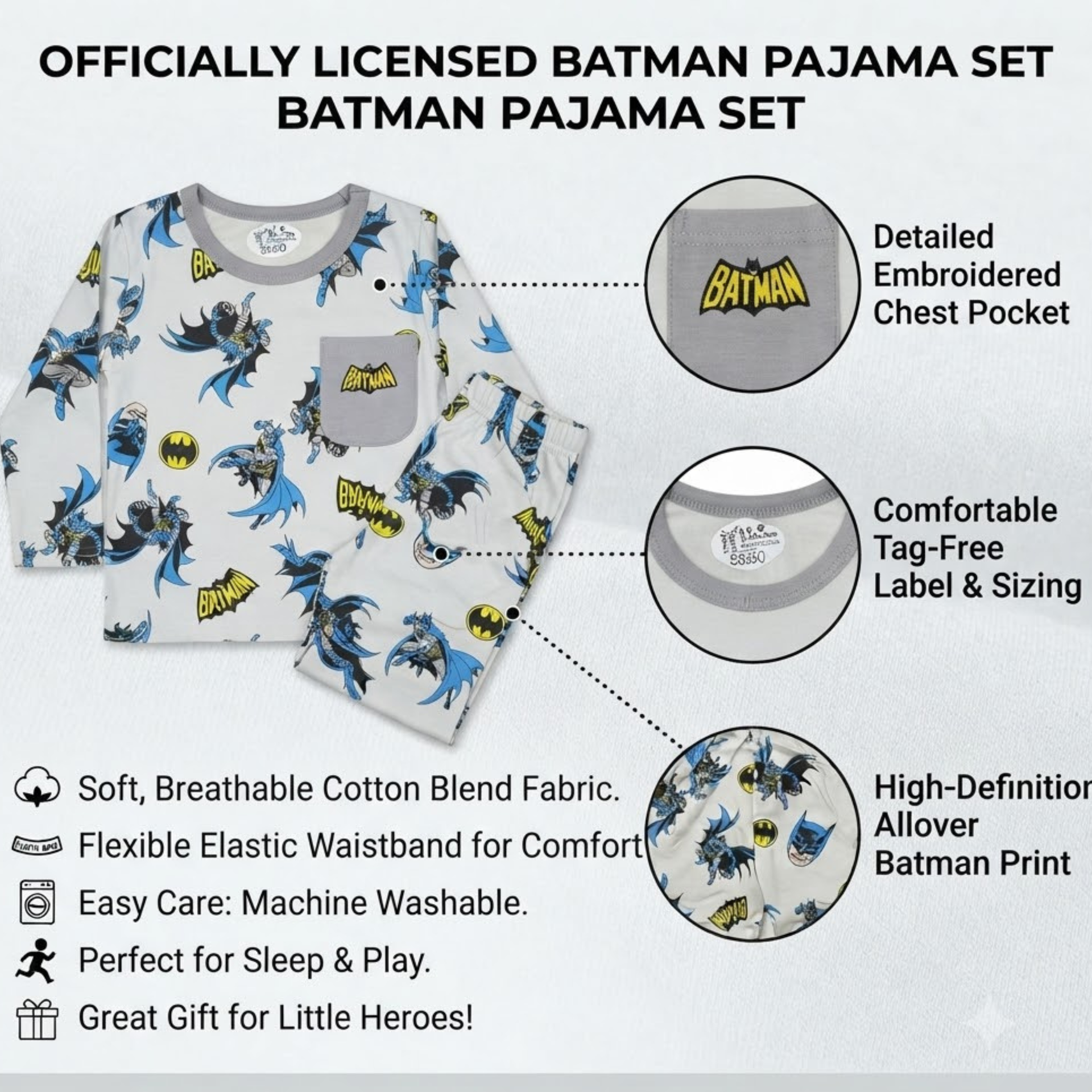 Smile Baby Batman Grey cotton night suit feature image highlighting embroidered Batman chest pocket, tag-free round neck, premium cotton fabric, elastic waistband, and all-over Batman print