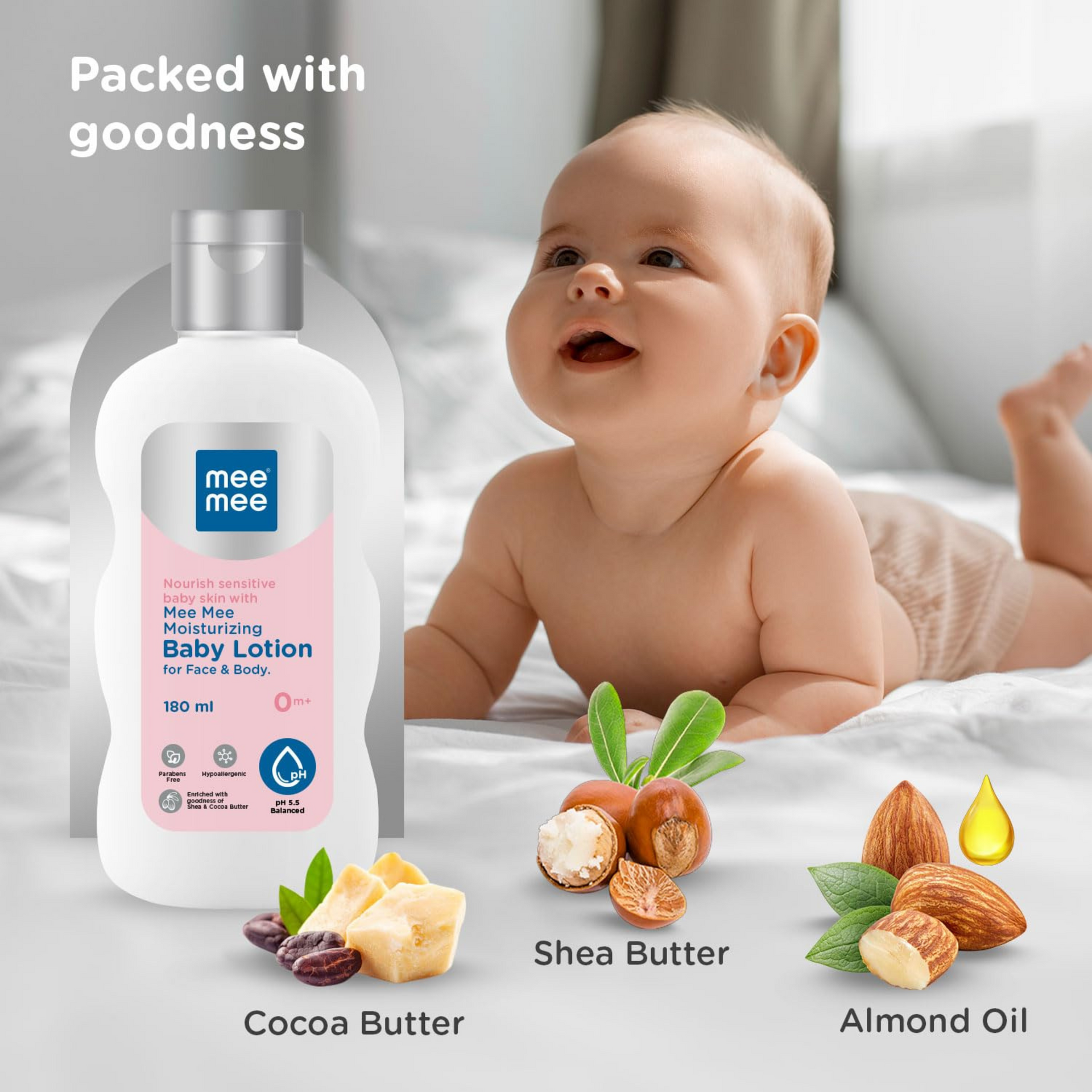 Mee Mee Moisturizing Baby Lotion for Face & Body, Shea, Cocoa Butter & Almond Oil, 24 Hrs Moisturization