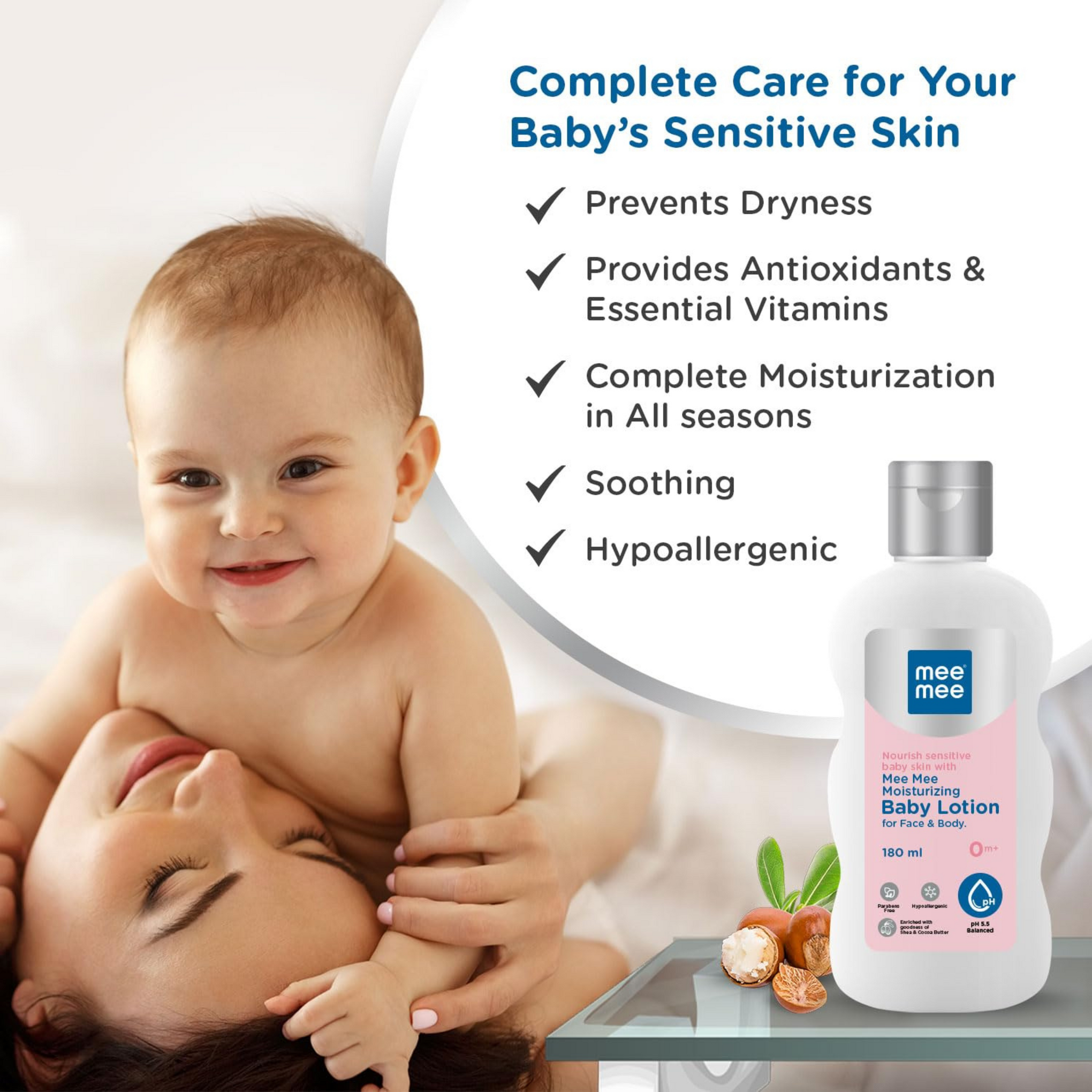 Mee Mee Moisturizing Baby Lotion for Face & Body, Shea, Cocoa Butter & Almond Oil, 24 Hrs Moisturization