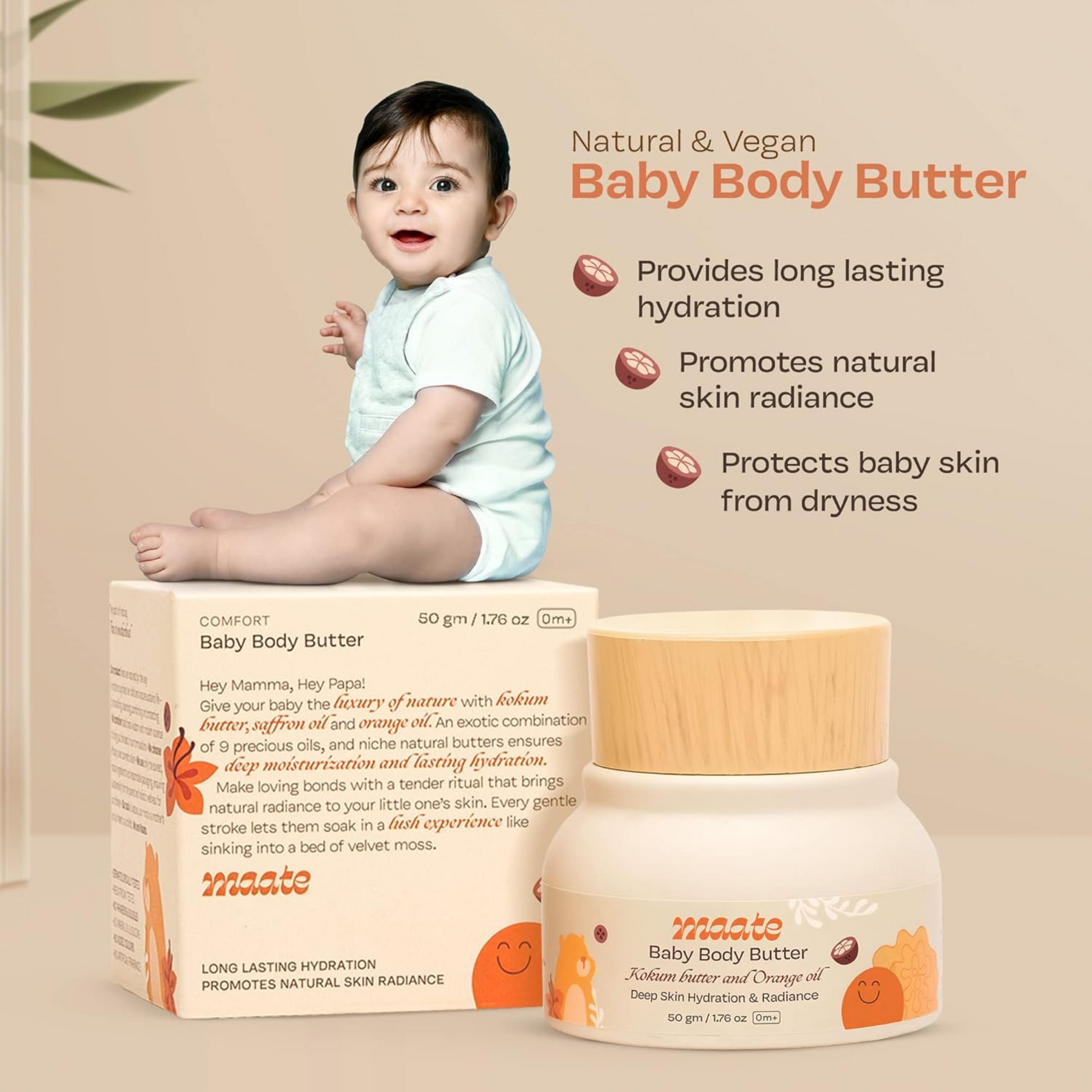 Maate Baby Body Butter (50 gm) | Enriched with Pure Kokum Butter, Shea Butter, Orange & Saffron Oil | Baby Body Butter For Kids 0-12 years | Baby Moisturizer Cream