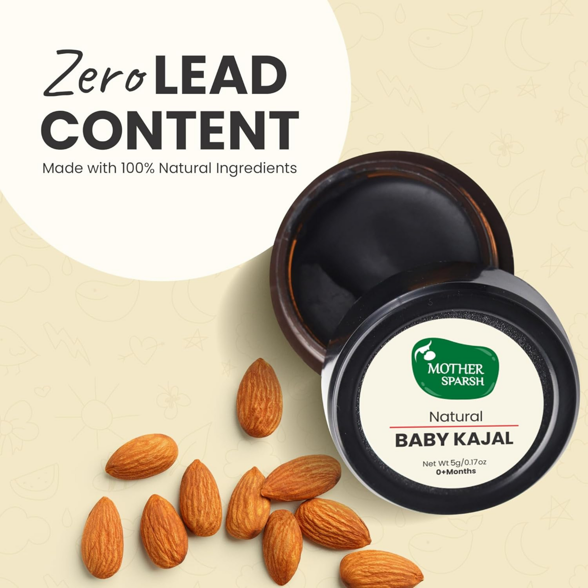 Mother Sparsh 100% Natural Baby Kajal with Zero Lead Content, Irritation Free & Safe for Newborn Babies, with Almond & Pure Cow Ghee, Nourishes & Thicken Baby Eyelashes - 5gm
