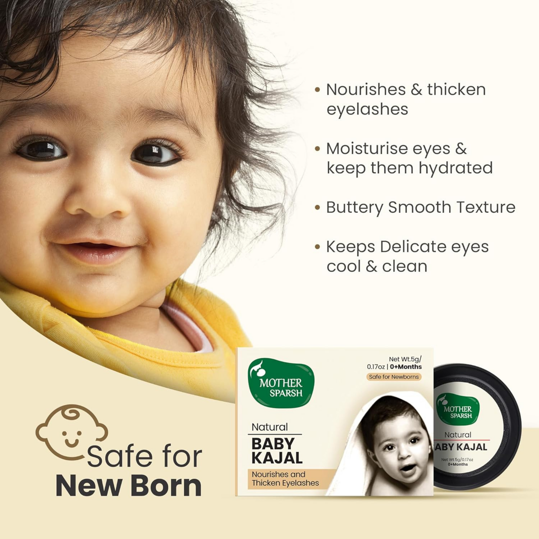 Mother Sparsh 100% Natural Baby Kajal with Zero Lead Content, Irritation Free & Safe for Newborn Babies, with Almond & Pure Cow Ghee, Nourishes & Thicken Baby Eyelashes - 5gm