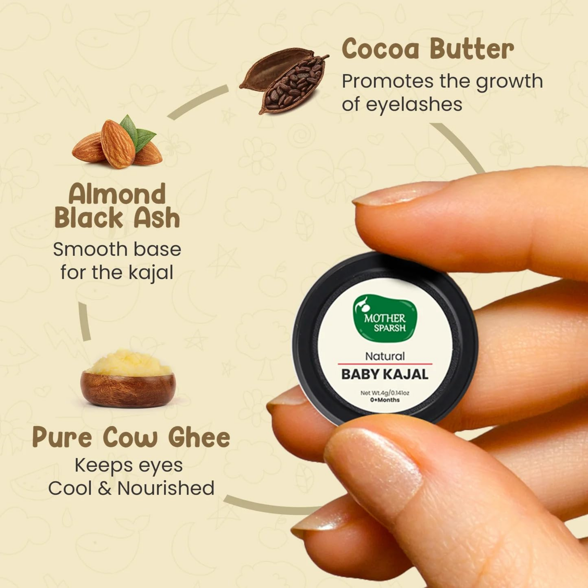 Mother Sparsh 100% Natural Baby Kajal with Zero Lead Content, Irritation Free & Safe for Newborn Babies, with Almond & Pure Cow Ghee, Nourishes & Thicken Baby Eyelashes - 5gm