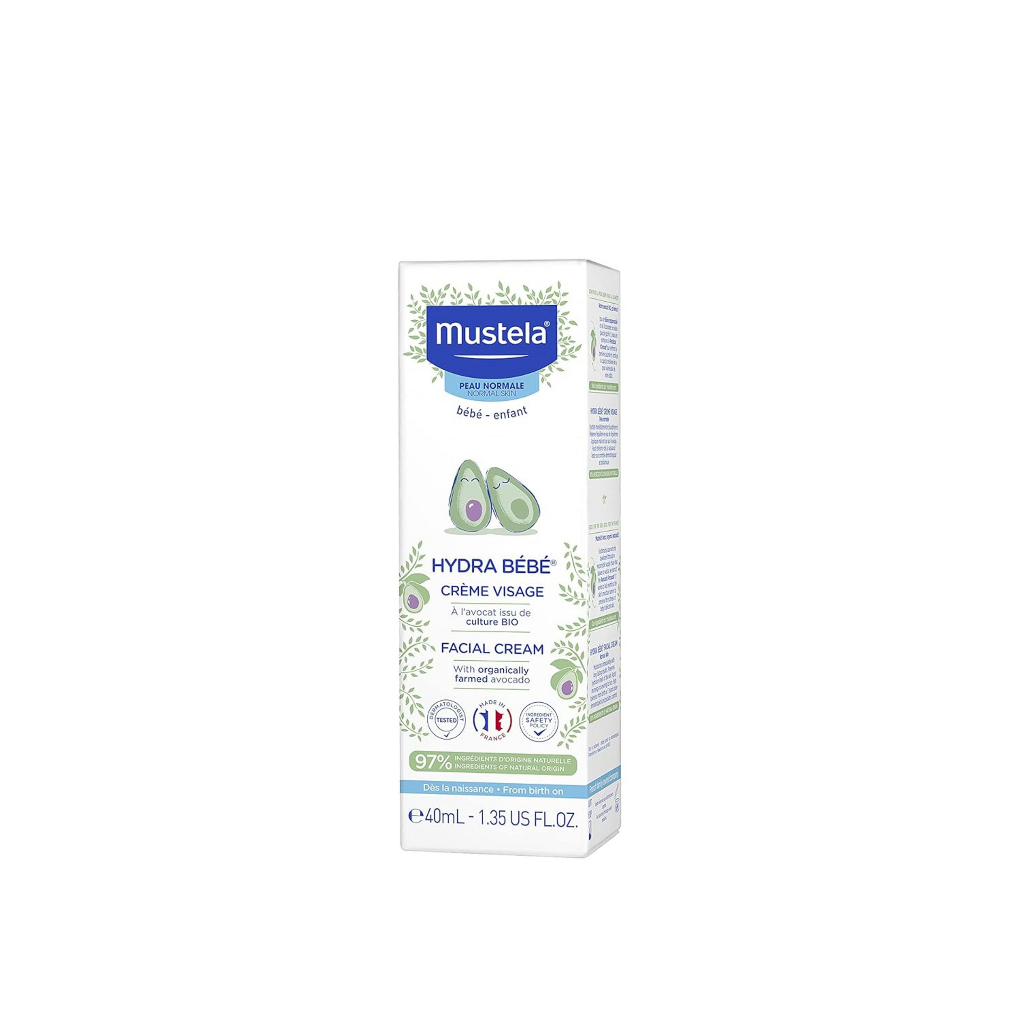 Mustela HydraBebe Facial Cream - 40ml | Nourishing Face Lotion for Normal Skin | Hypoallergenic, Long-Lasting Hydration with Sweet Almond & Jojoba Oil | Gentle Care for Newborns & Babies