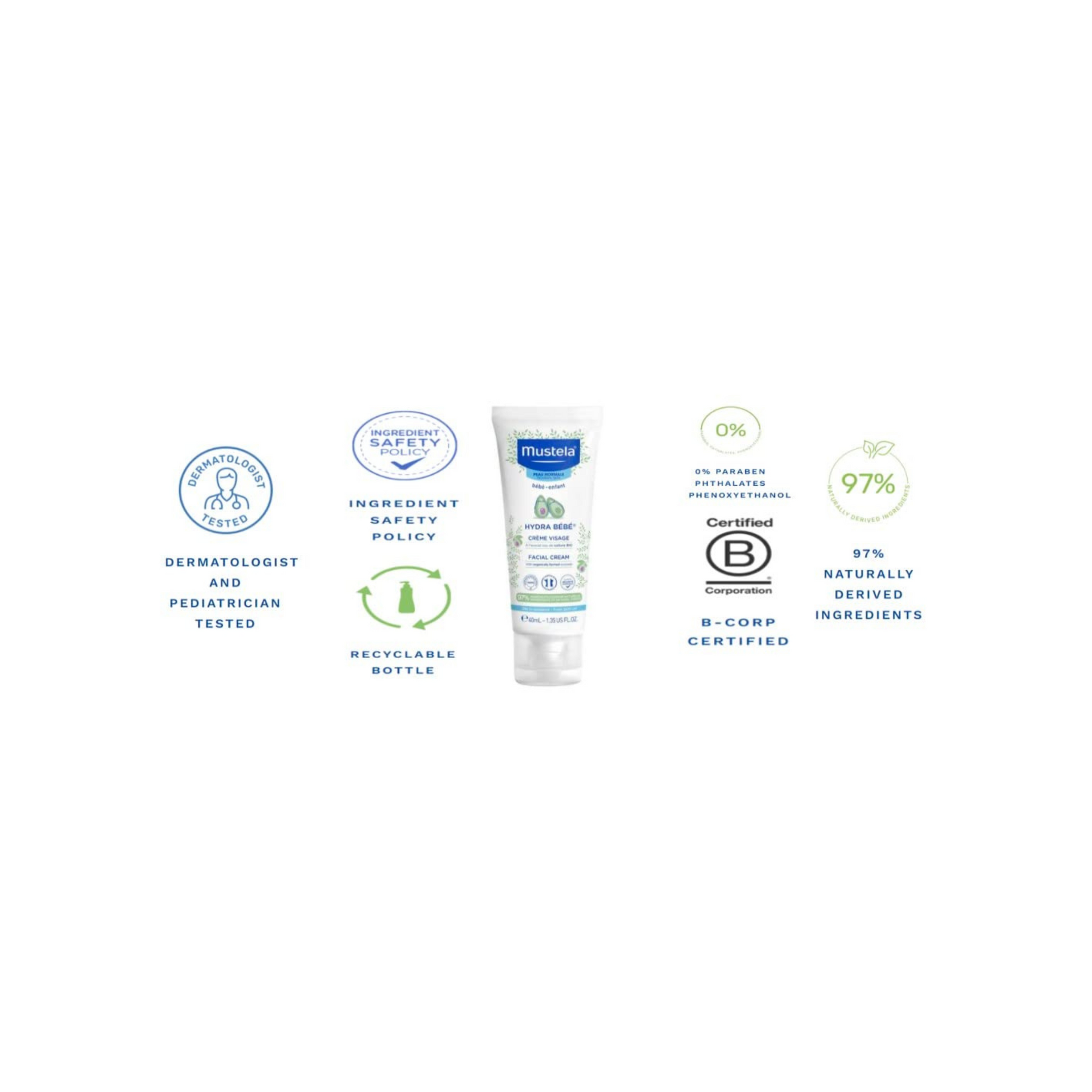 Mustela HydraBebe Facial Cream - 40ml | Nourishing Face Lotion for Normal Skin | Hypoallergenic, Long-Lasting Hydration with Sweet Almond & Jojoba Oil | Gentle Care for Newborns & Babies