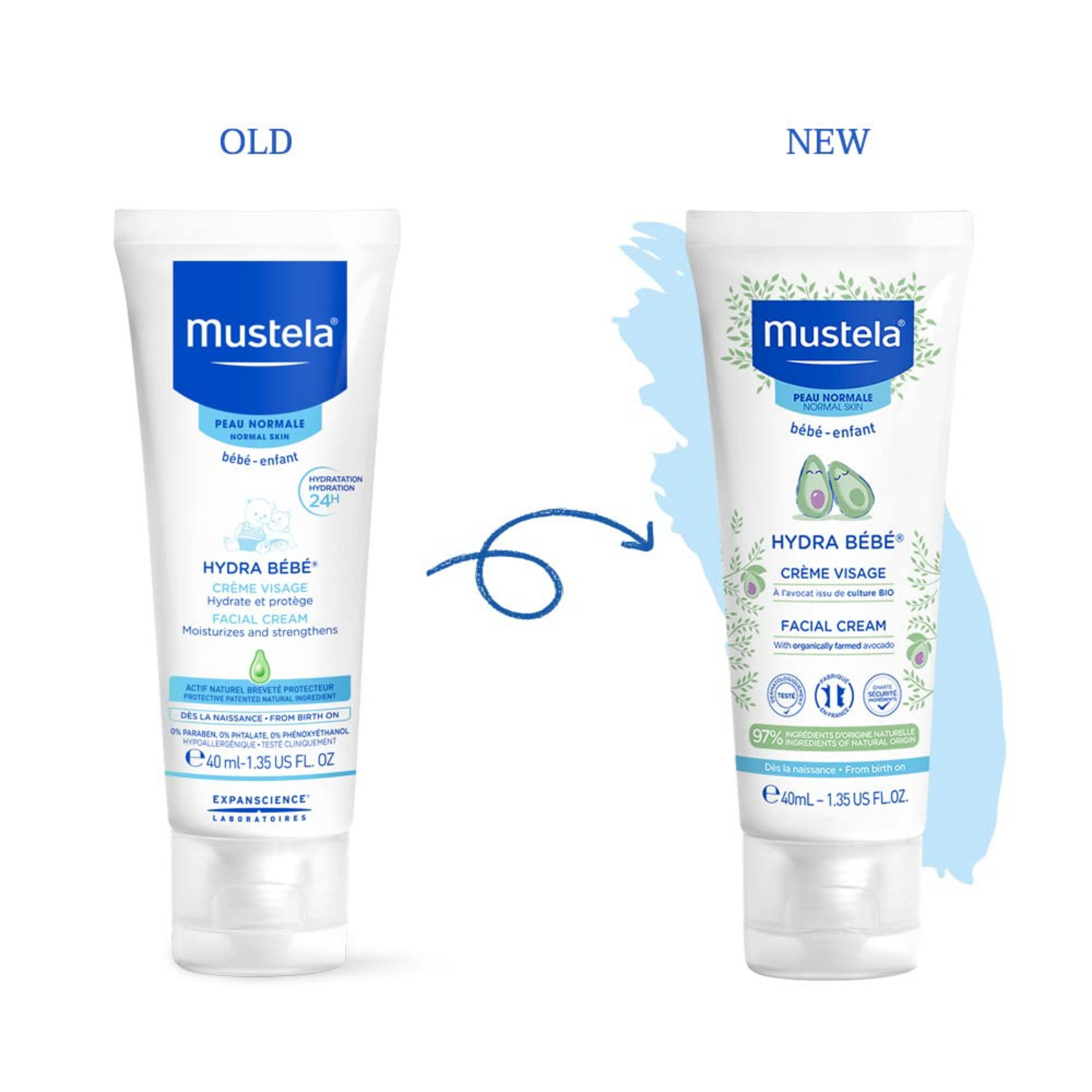 Mustela HydraBebe Facial Cream - 40ml | Nourishing Face Lotion for Normal Skin | Hypoallergenic, Long-Lasting Hydration with Sweet Almond & Jojoba Oil | Gentle Care for Newborns & Babies