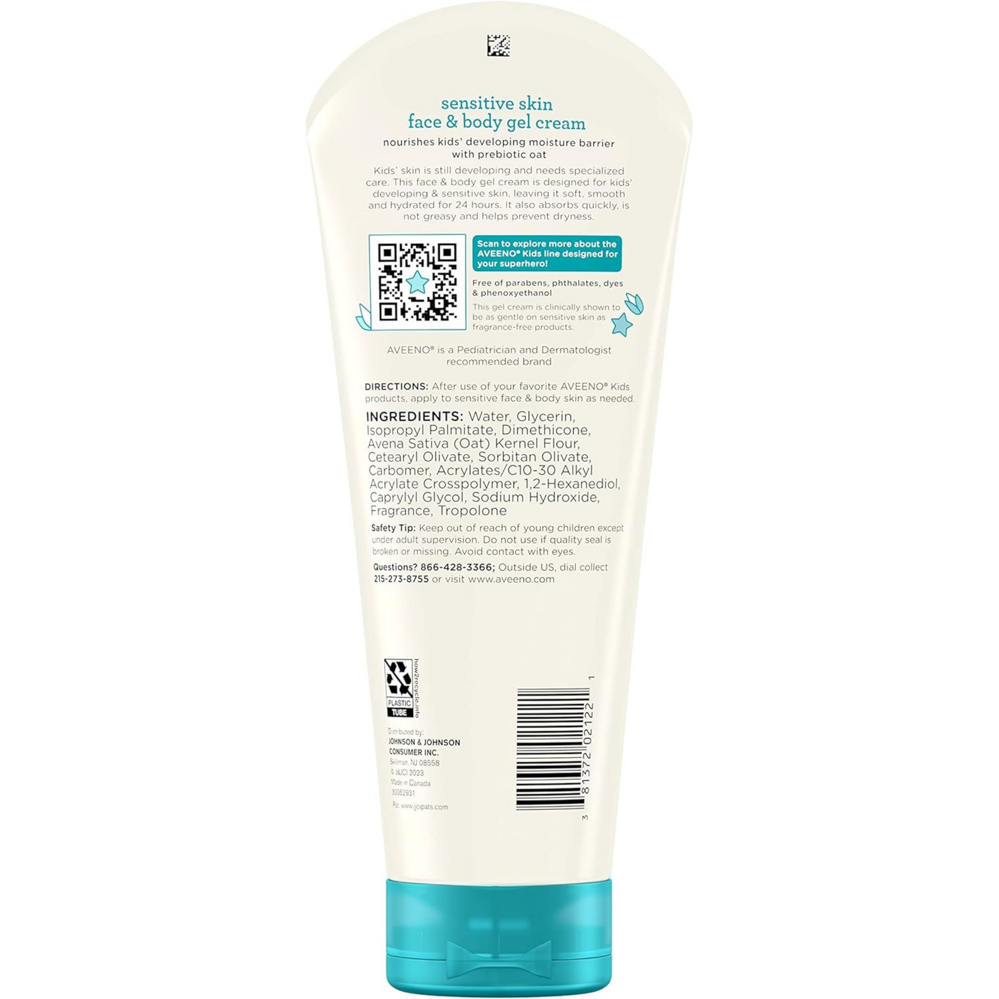 Aveeno Baby Sensitive Skin Face & Body Gel Cream for Kids with Prebiotic Oat, Clinically Proven 24 Hour Hydration for Soft Skin, Quick Drying and Lightweight, Hypoallergenic, 8 oz