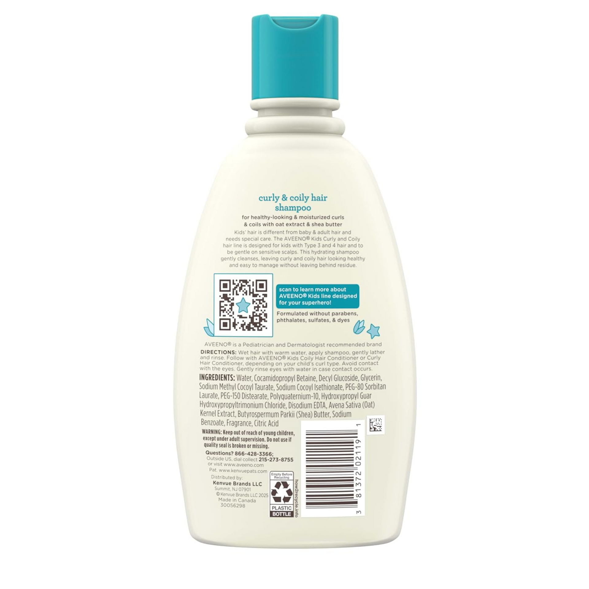 Aveeno Kids Curly & Coily Hair Shampoo, Hydrating Shampoo for Type 3 & 4 Hair, Kids Curly Hair Products suitable for Sensitive Scalps with Oat Extract & Shea Butter, Paraben-Free, 12 fl. oz