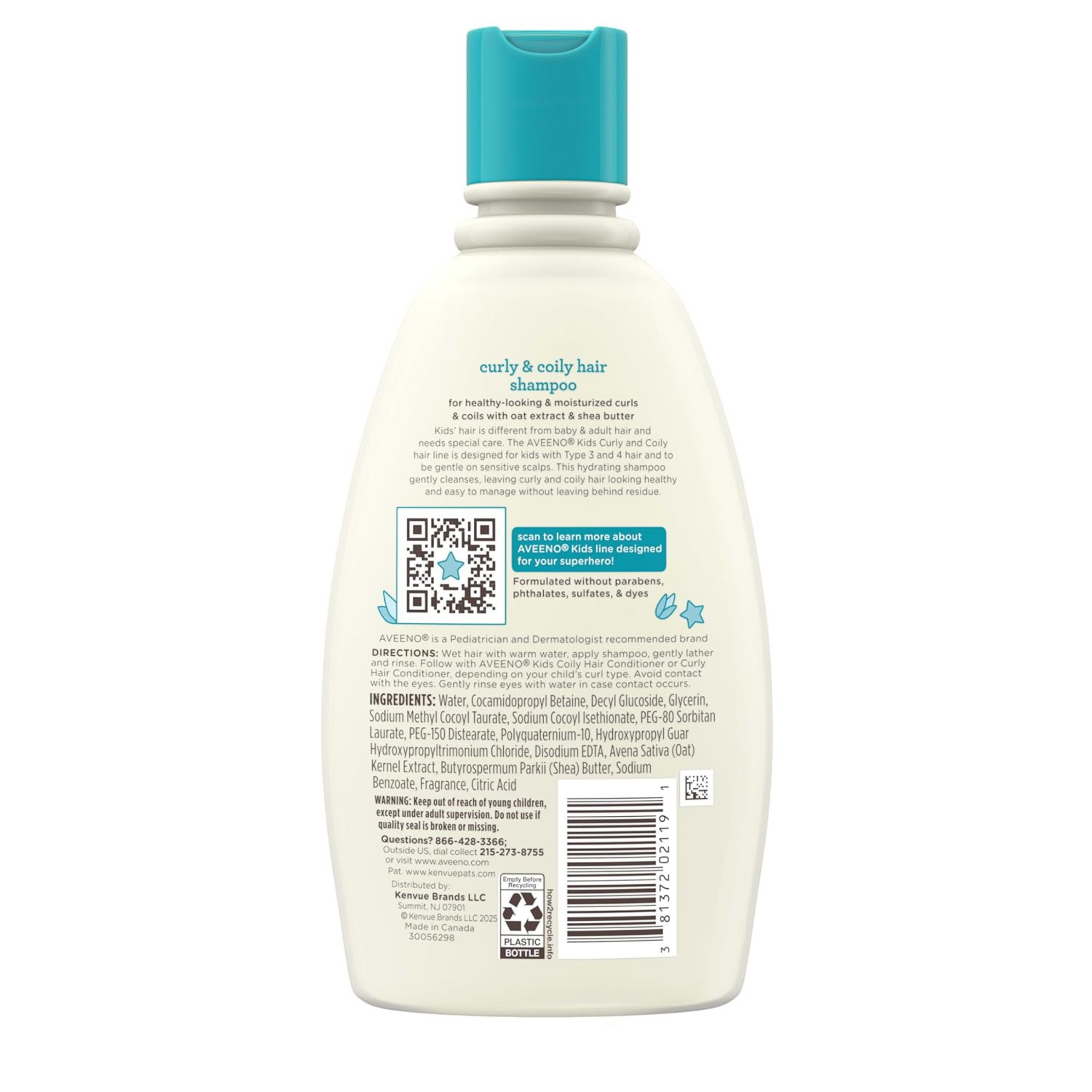 Aveeno Kids Curly & Coily Hair Shampoo, Hydrating Shampoo for Type 3 & 4 Hair, Kids Curly Hair Products suitable for Sensitive Scalps with Oat Extract & Shea Butter, Paraben-Free, 12 fl. oz