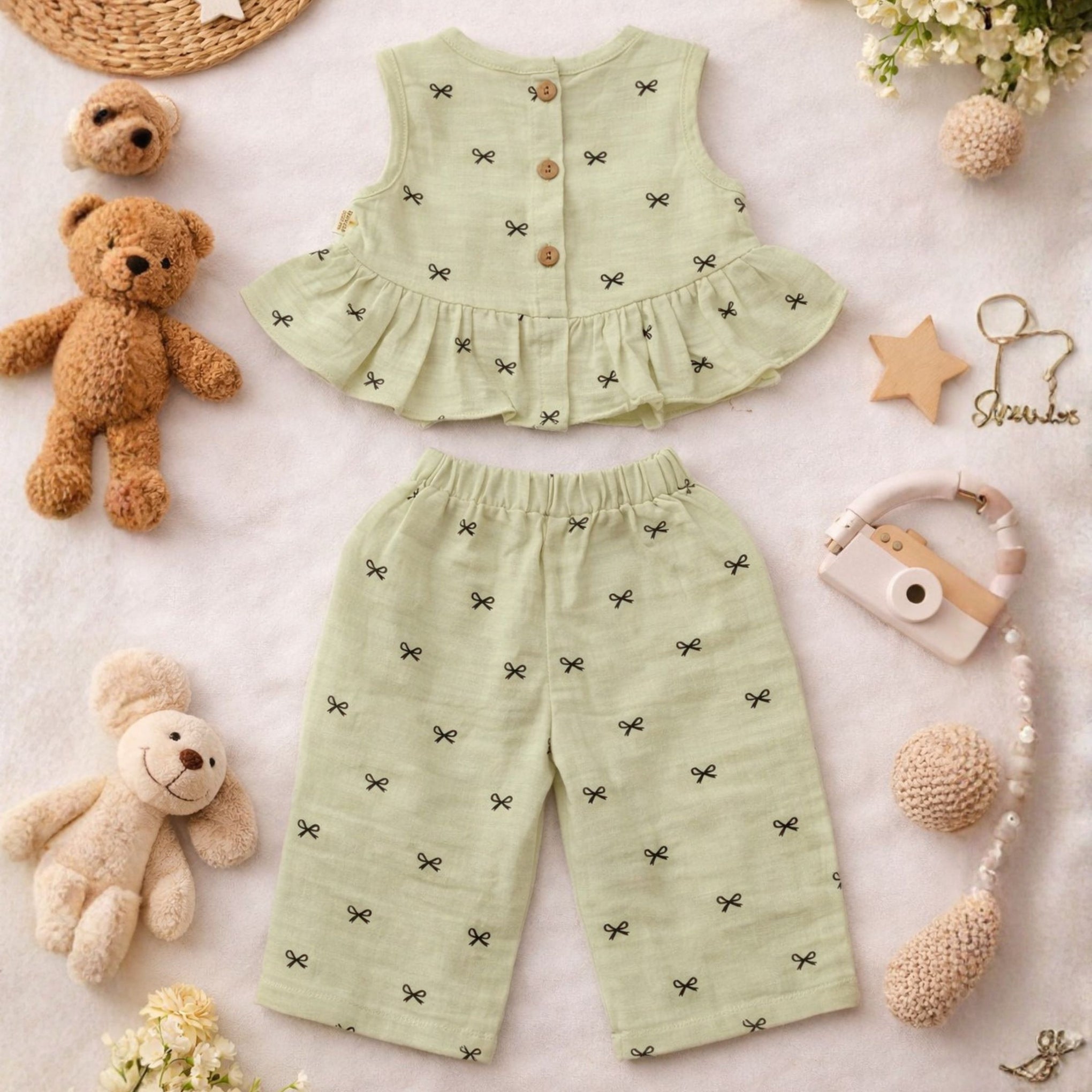 NUM NUM Baby Girls Sleeveless Bow Design Frock Set with Palazzo Pants | Soft Cotton Summer Outfit | 6M to 3Y