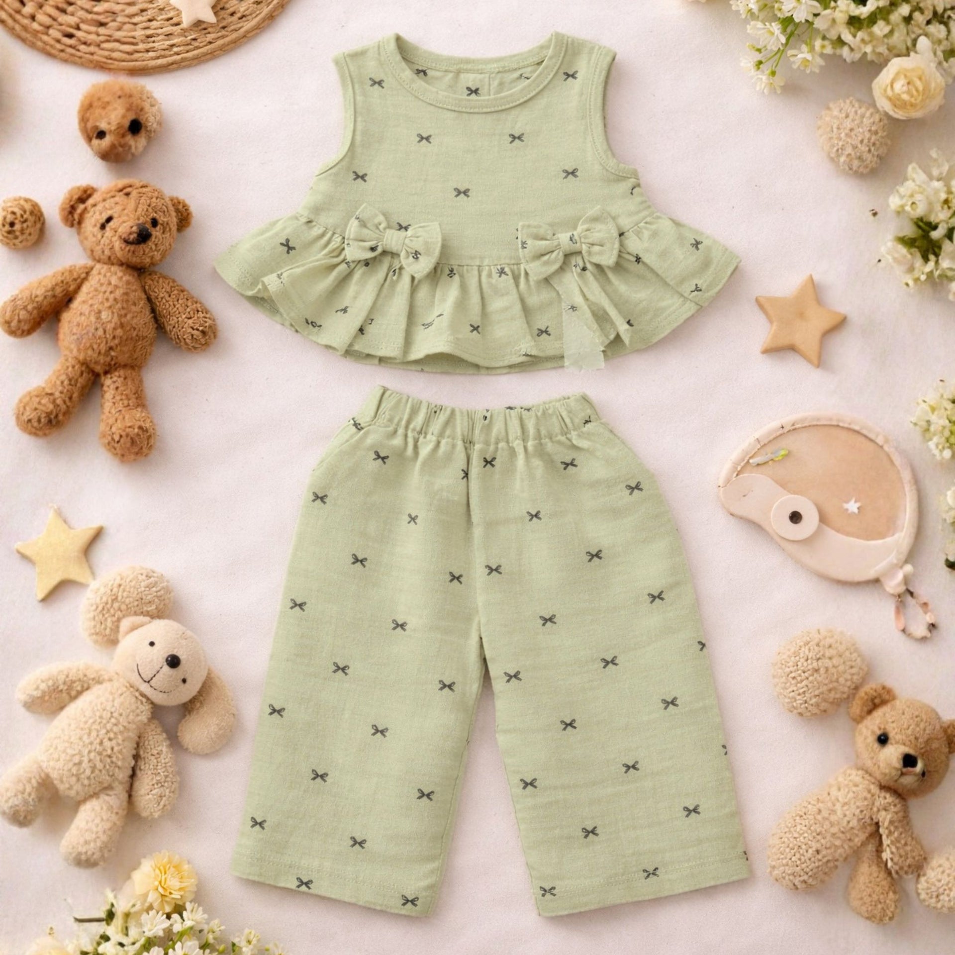 NUM NUM Baby Girls Sleeveless Bow Design Frock Set with Palazzo Pants | Soft Cotton Summer Outfit | 6M to 3Y