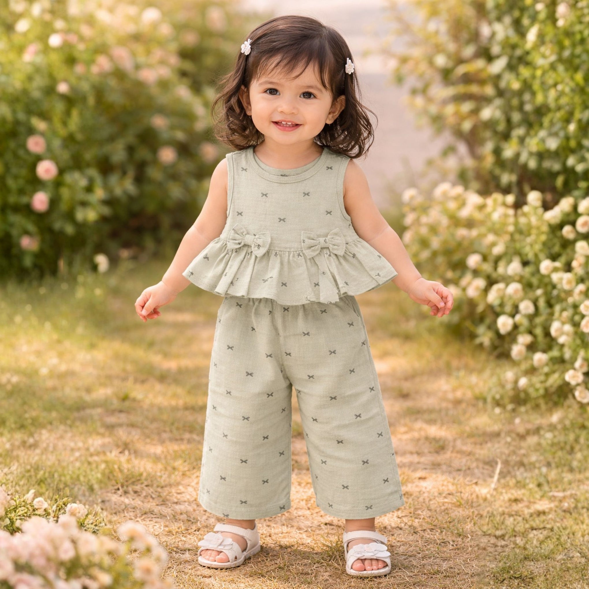 NUM NUM Baby Girls Sleeveless Bow Design Frock Set with Palazzo Pants | Soft Cotton Summer Outfit | 6M to 3Y