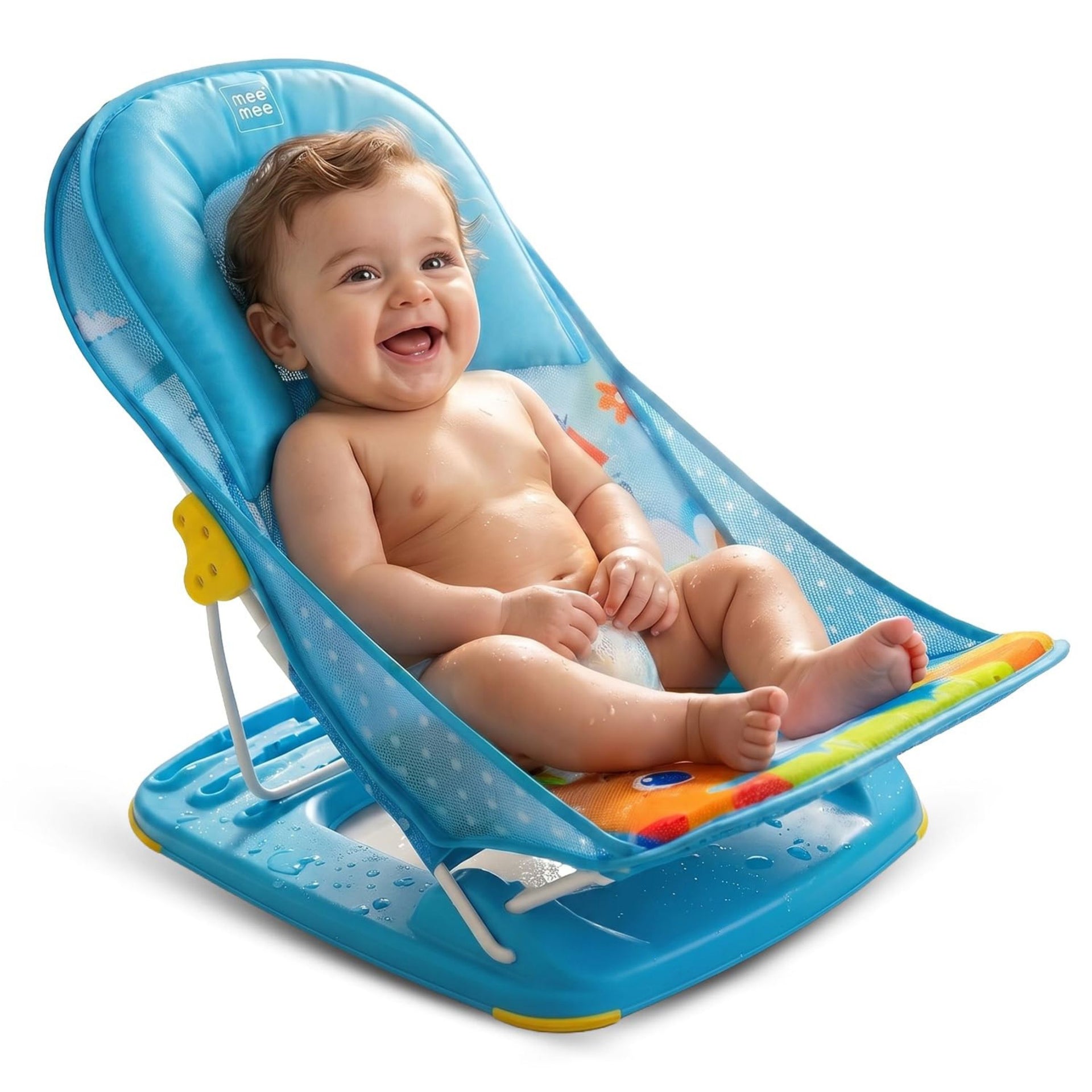 mustela Newborn Baby Bather | Bath Chair for Newborns and Infants 0-12 Months | Foldable | 3 Position Adjustable Chair | Anti-Skid Base | Washable Soft Mesh Seat | Supports Babies Up to 5kg | Blue