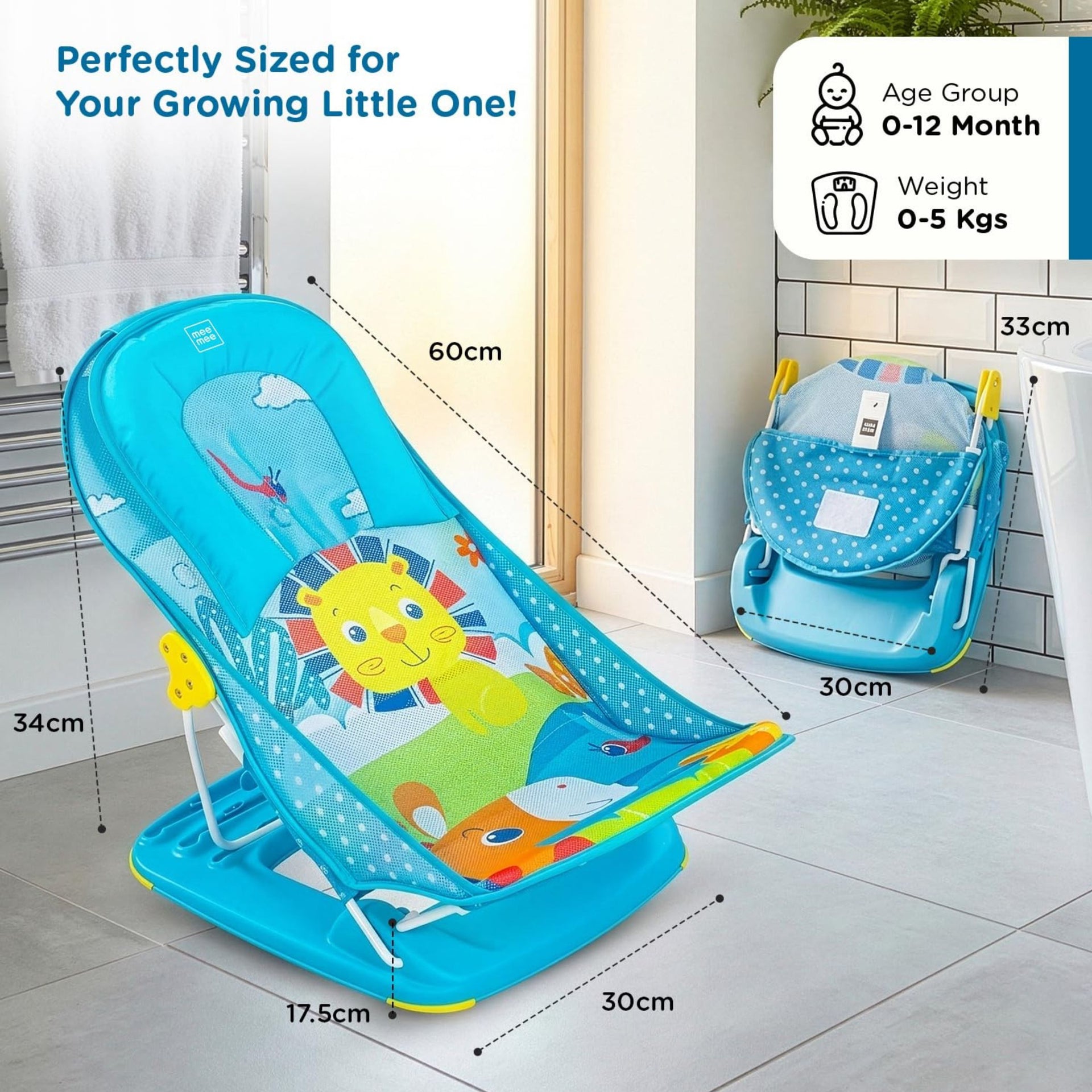 mustela Newborn Baby Bather | Bath Chair for Newborns and Infants 0-12 Months | Foldable | 3 Position Adjustable Chair | Anti-Skid Base | Washable Soft Mesh Seat | Supports Babies Up to 5kg | Blue