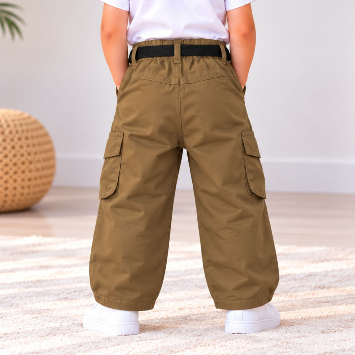 Yellow kids cargo pants back view