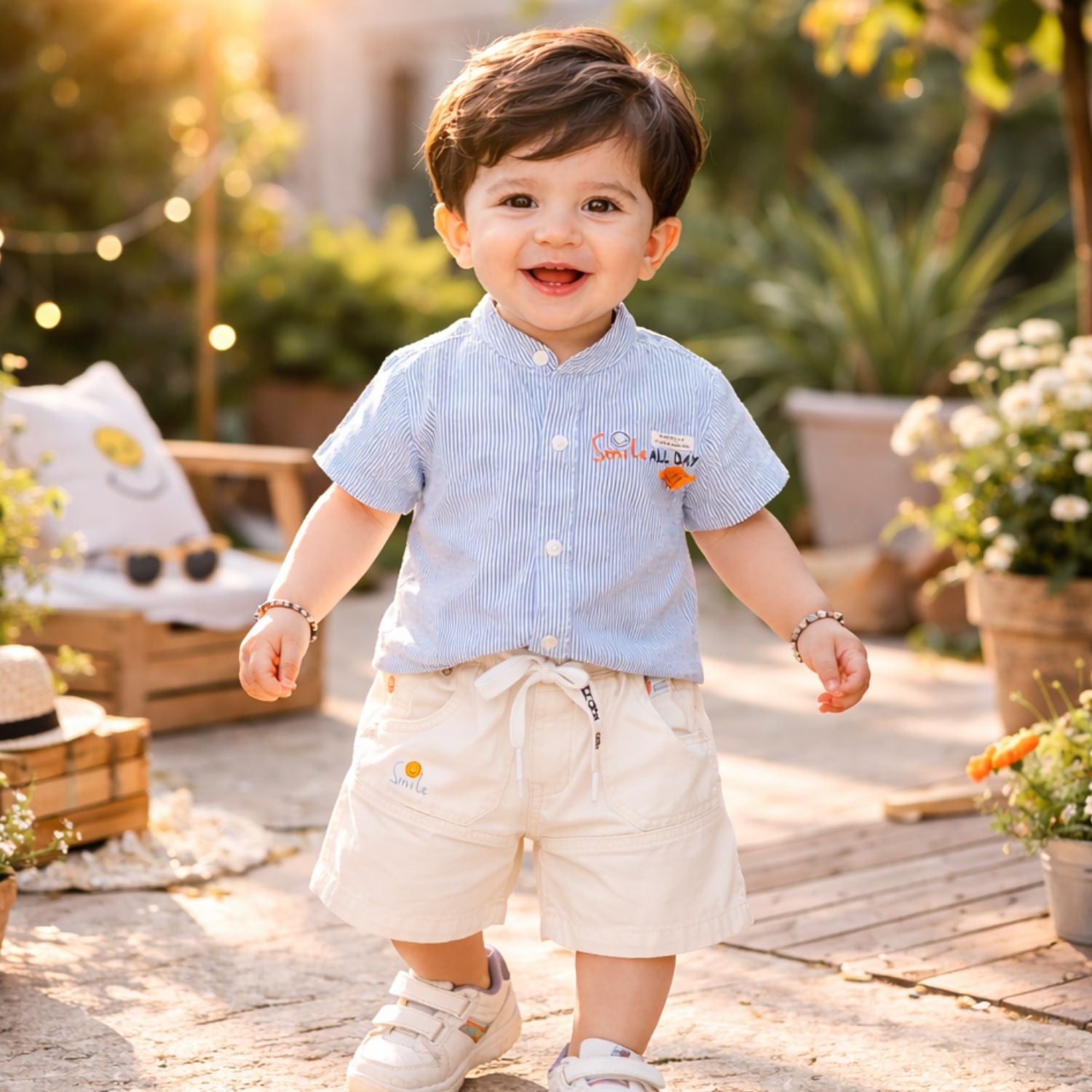 KIDZELLO Smile All Day Summer Co-Ord Set for Baby Boys (0–24 Months) – Soft Cotton Shirt & Shorts – Peach , GREEN & Sky