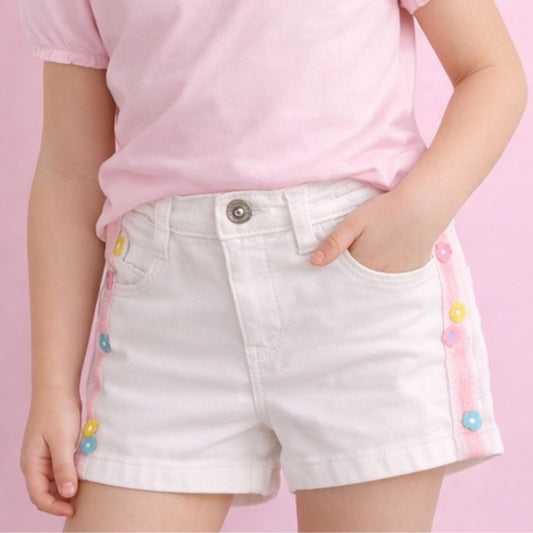 LOVEKINS Girls White Floral Side Stripe Denim Shorts (2–6 Years)