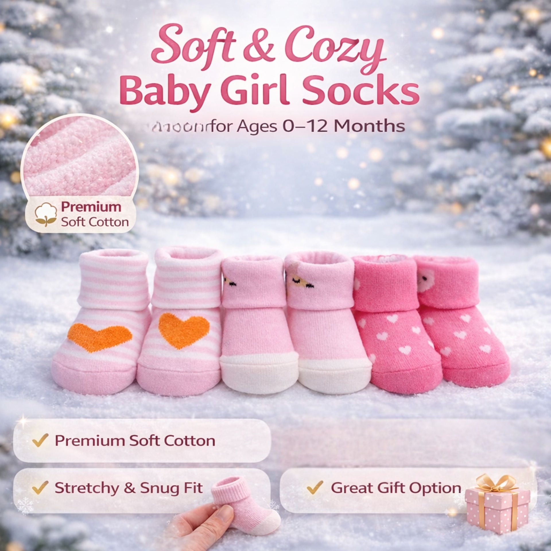 Baby Girl Cotton Socks Set | Soft & Warm Winter Socks | Anti-Slip Comfortable Fit | 0–12 Months | Pack of 3 (Pink)