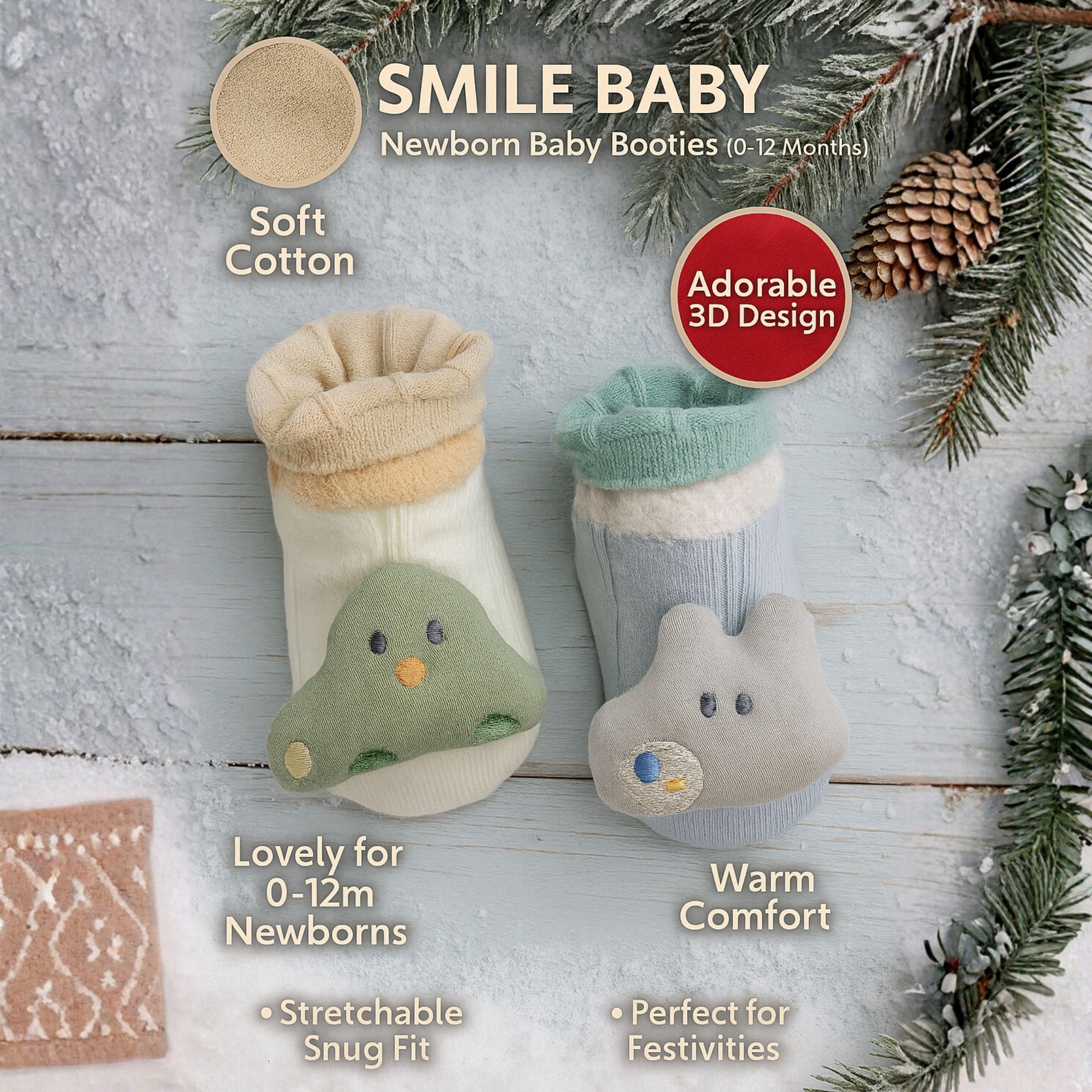 SMILE BABY Newborn Baby Booties | Soft Cotton Booties with Cute Animal Design | Warm & Cozy Infant Footwear (0–12 Months) Pack of 2