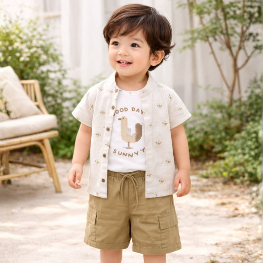 BLOOM UP Baby Boys Gold Summer Shirt T-Shirt & Shorts 3-Piece Outfit Set (0–24 Months)