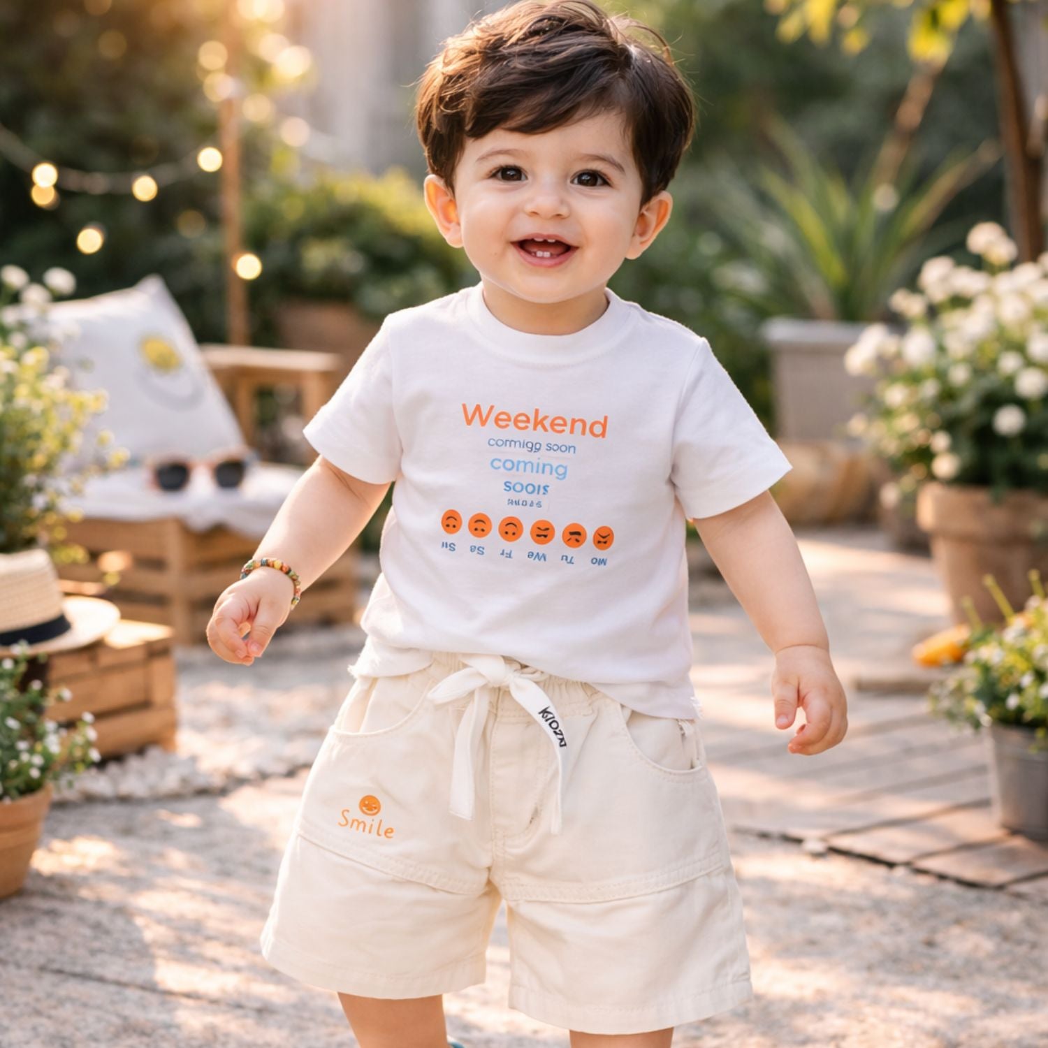 KIDZELLO Smile All Day Summer Co-Ord Set for Baby Boys (0–24 Months) – Soft Cotton Shirt & Shorts – Peach , GREEN & Sky