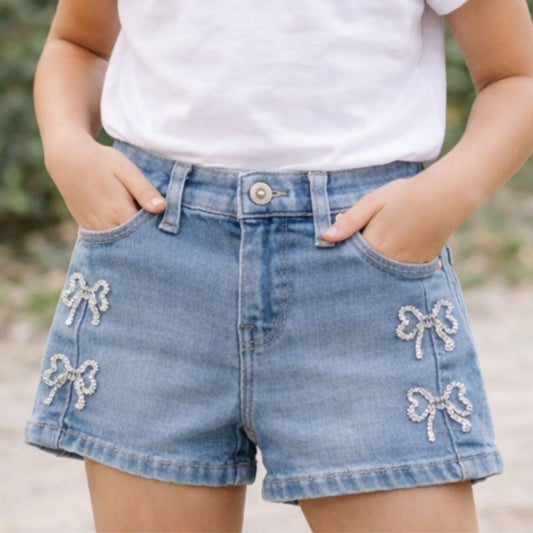 LOVEKINS Girls Light Blue Bow Embroidered Denim Shorts (2–6 Years)