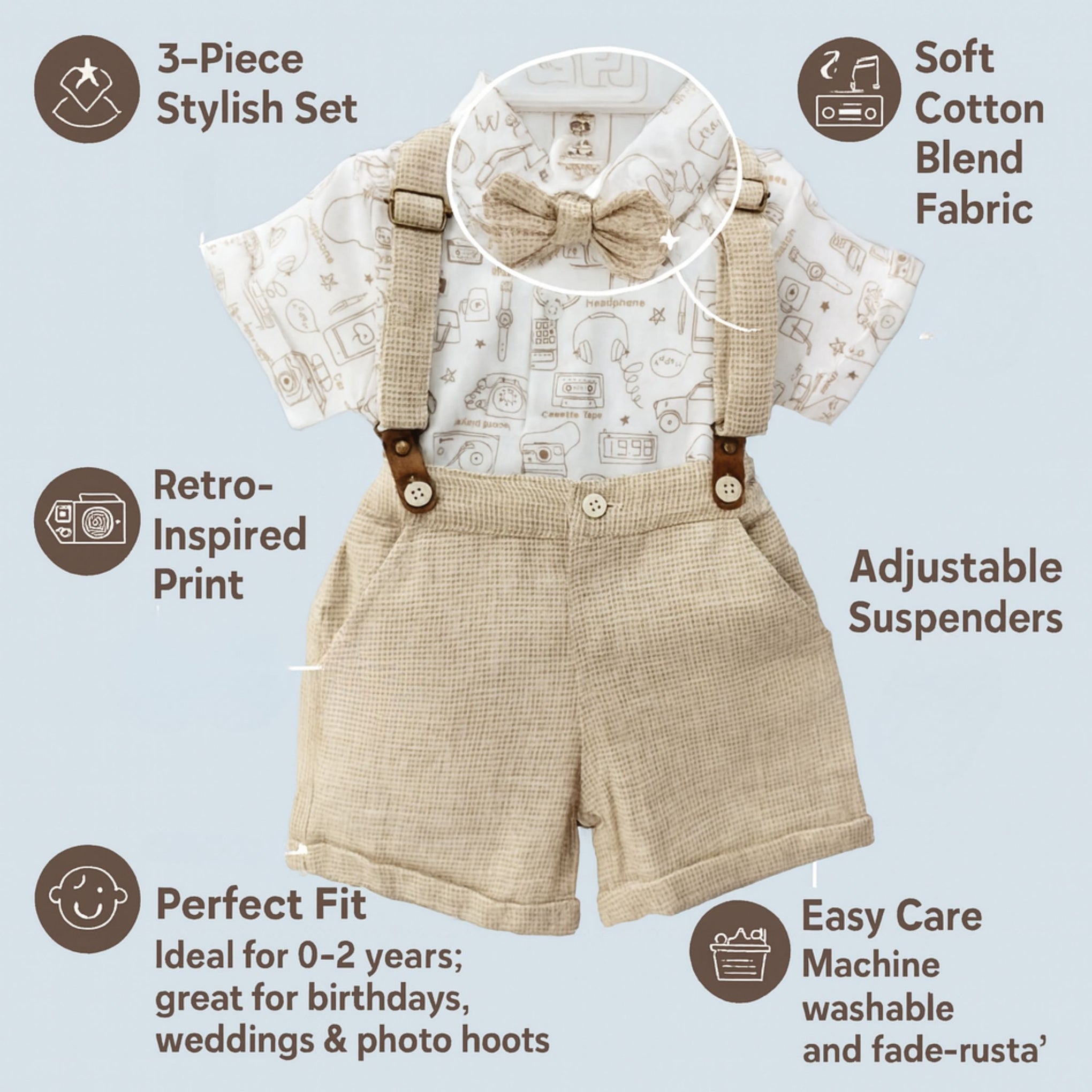 TOFFY HOUSE Boys' Fawn Suspender Shorts Set – Printed Shirt with Bow Tie | 0–9 Months  | Cotton Blend