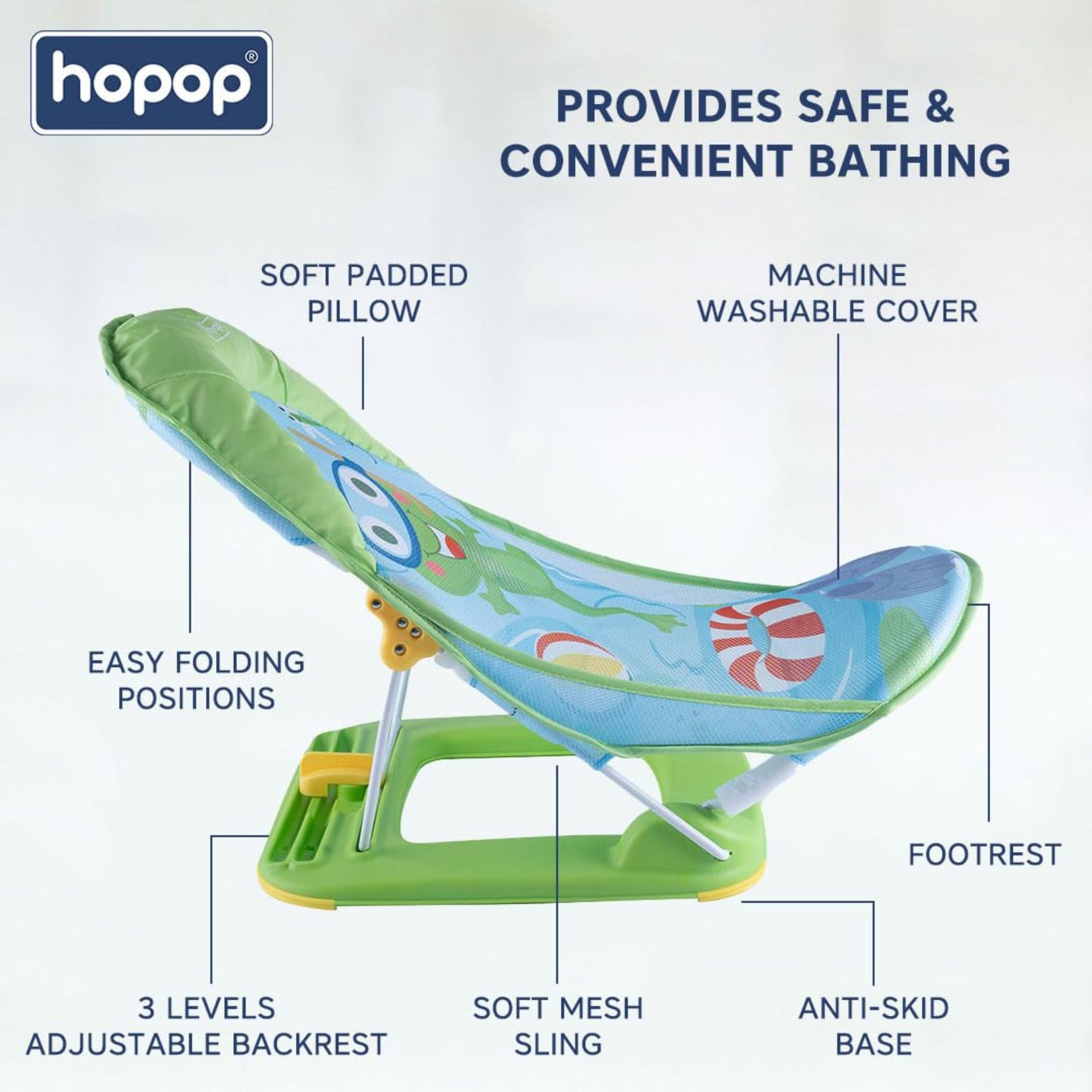 Hopop Anti-Skid Compact Baby Bather | 3-Level Adjustable Backrest | Foldable Baby Bath Seat with Soft Mesh Sling & Head Support Pillow | Newborn to 12 Months
