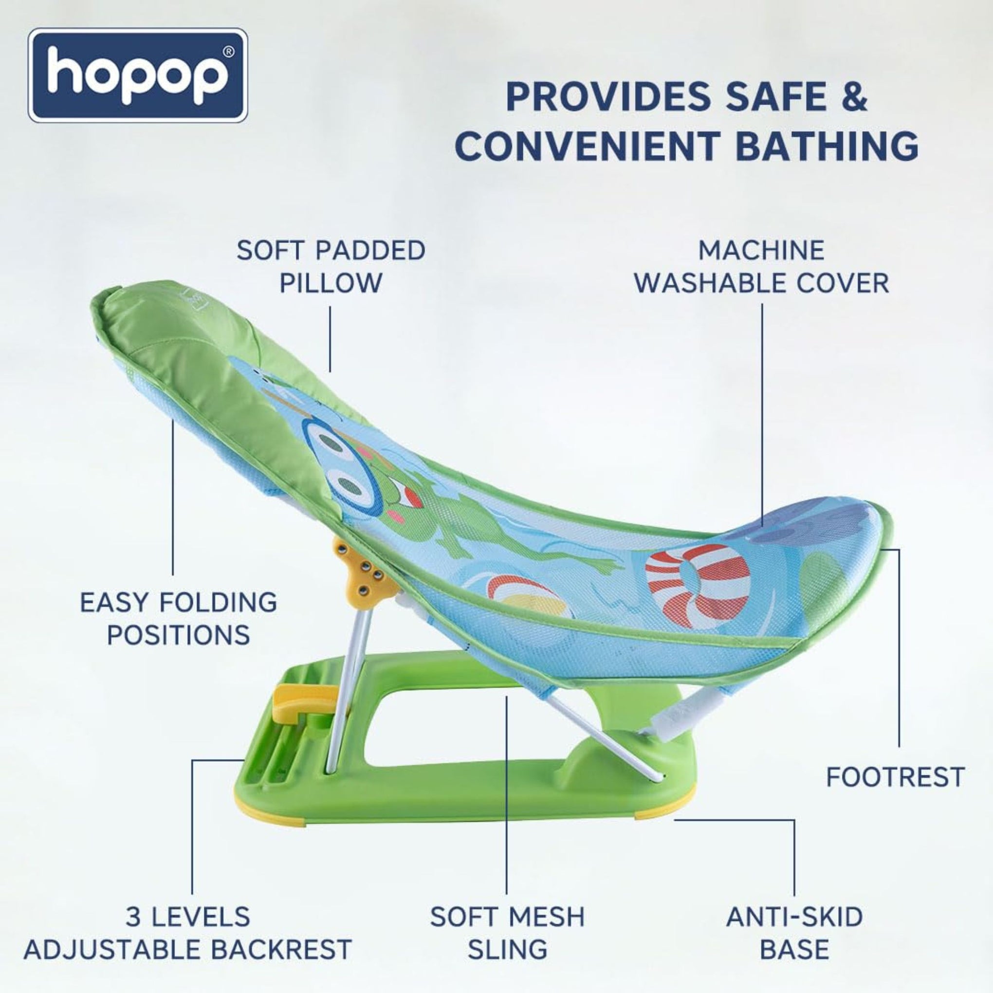 Hopop Anti-Skid Compact Baby Bather | 3-Level Adjustable Backrest | Foldable Baby Bath Seat with Soft Mesh Sling & Head Support Pillow | Newborn to 12 Months