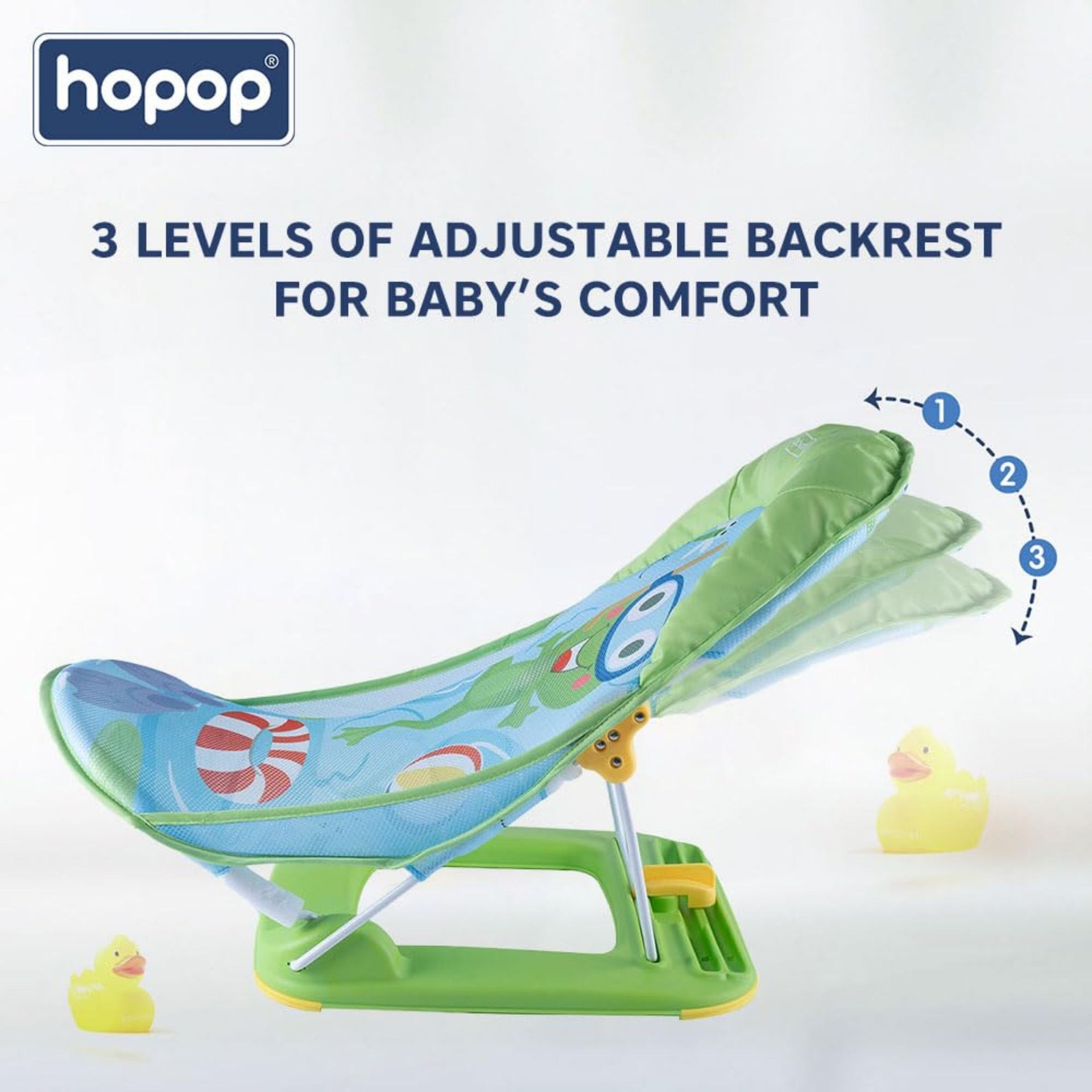 Hopop Anti-Skid Compact Baby Bather | 3-Level Adjustable Backrest | Foldable Baby Bath Seat with Soft Mesh Sling & Head Support Pillow | Newborn to 12 Months