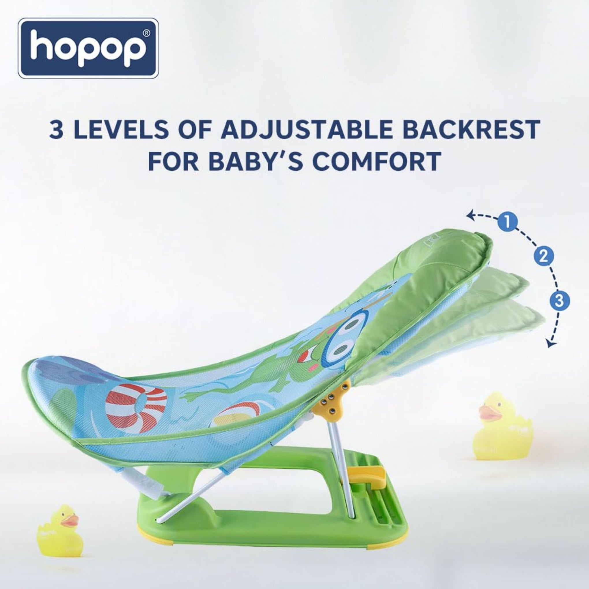 Hopop Anti-Skid Compact Baby Bather | 3-Level Adjustable Backrest | Foldable Baby Bath Seat with Soft Mesh Sling & Head Support Pillow | Newborn to 12 Months