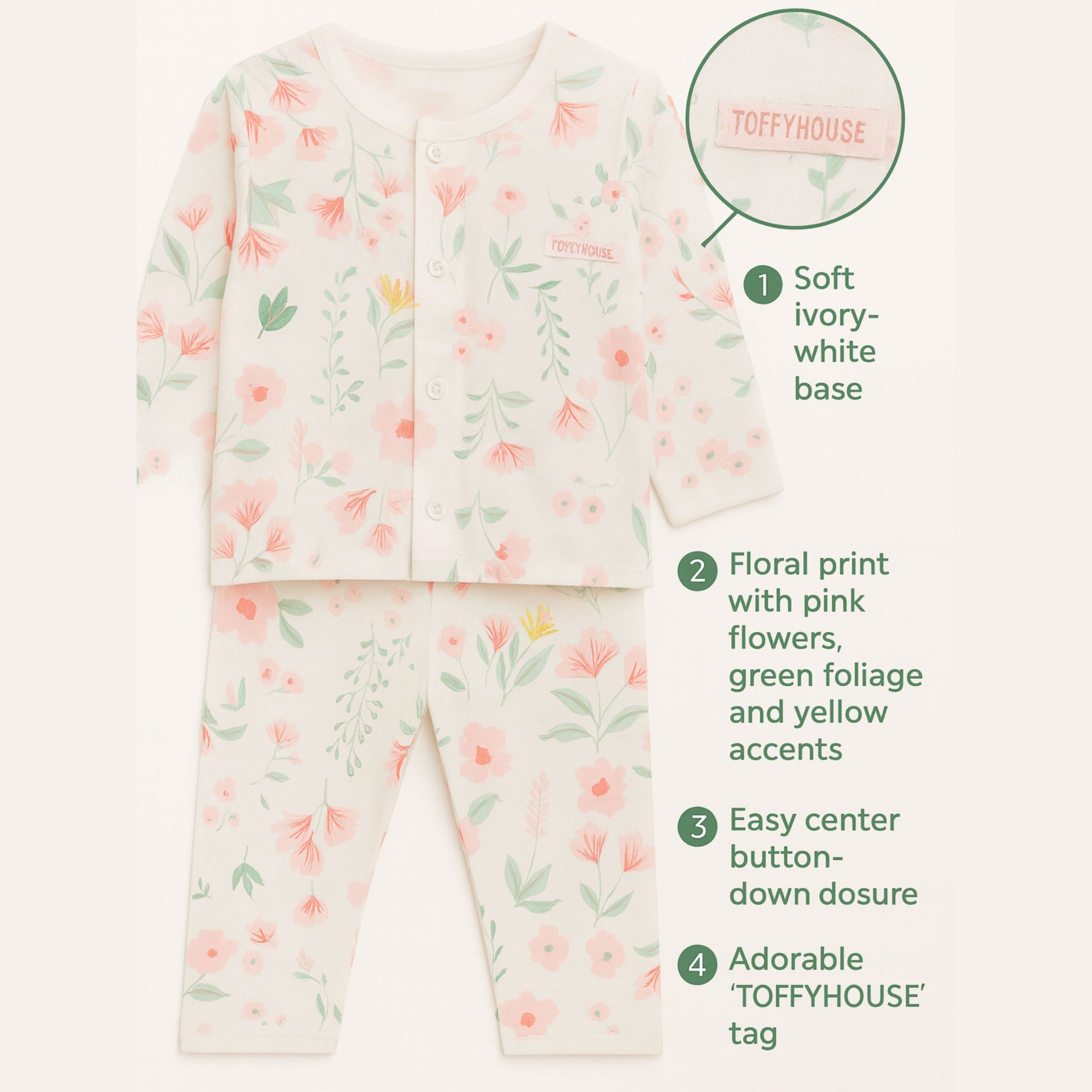 Smile Baby Girls' Floral Cotton Nightwear Set – Full Sleeve Button Top & Pajama | Soft & Breathable | 0–12 Months
