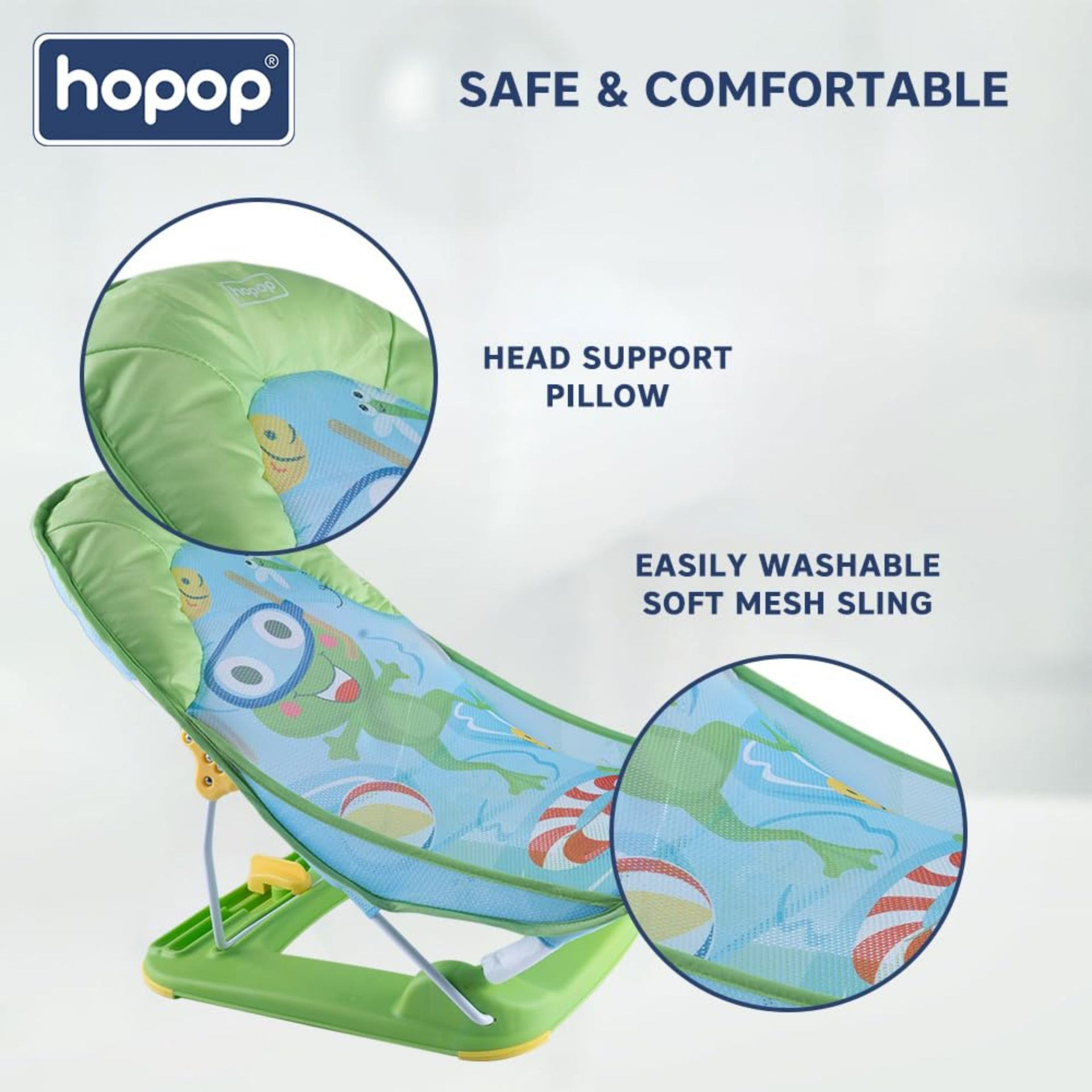 Hopop Anti-Skid Compact Baby Bather | 3-Level Adjustable Backrest | Foldable Baby Bath Seat with Soft Mesh Sling & Head Support Pillow | Newborn to 12 Months